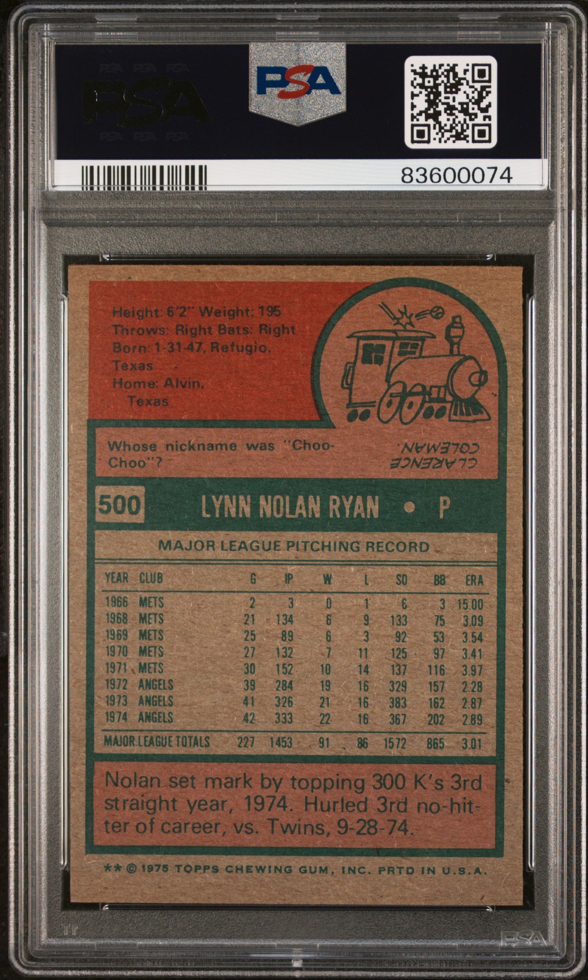 Nolan Ryan 1975 Topps #500 PSA 4