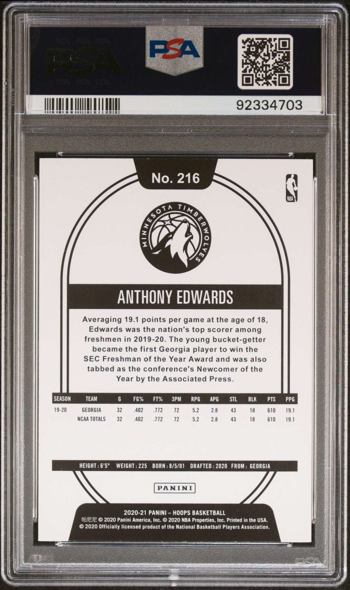 Anthony Edwards 2020 Panini Hoops #216 Winter PSA 10