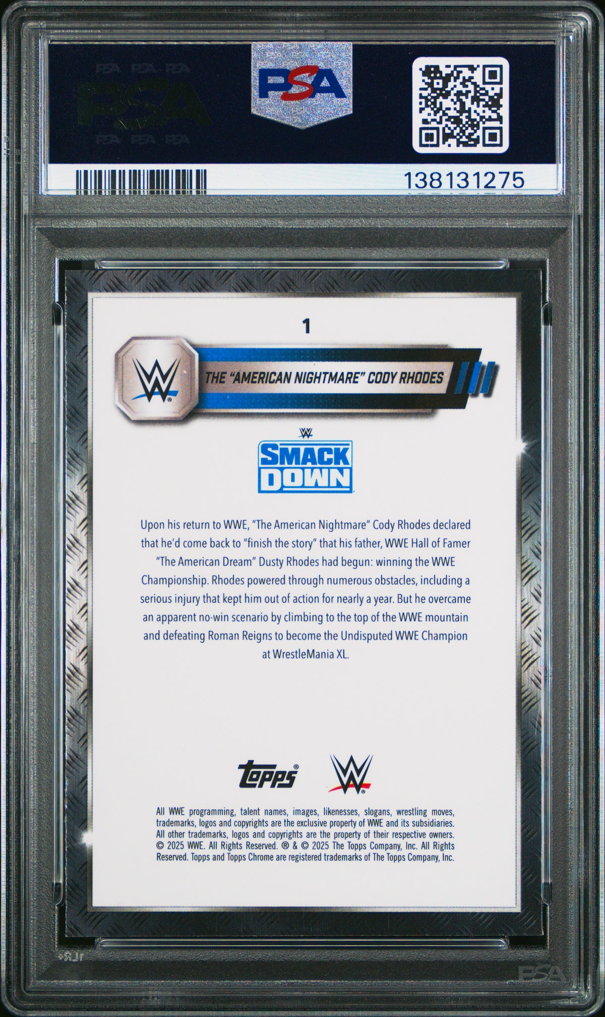 Cody Rhodes 2025 Topps Chrome Sapphire Edition WWE #1 Green /75 PSA 10