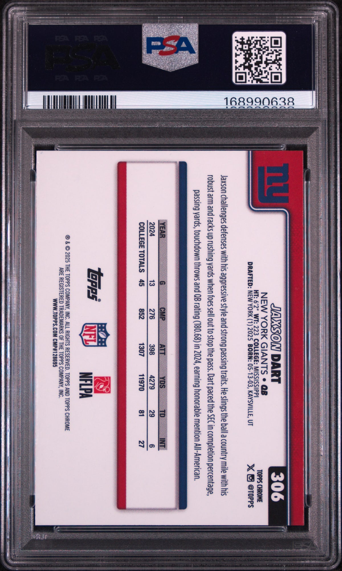 Jaxson Dart 2025 Topps Chrome #306 Etch PSA 9