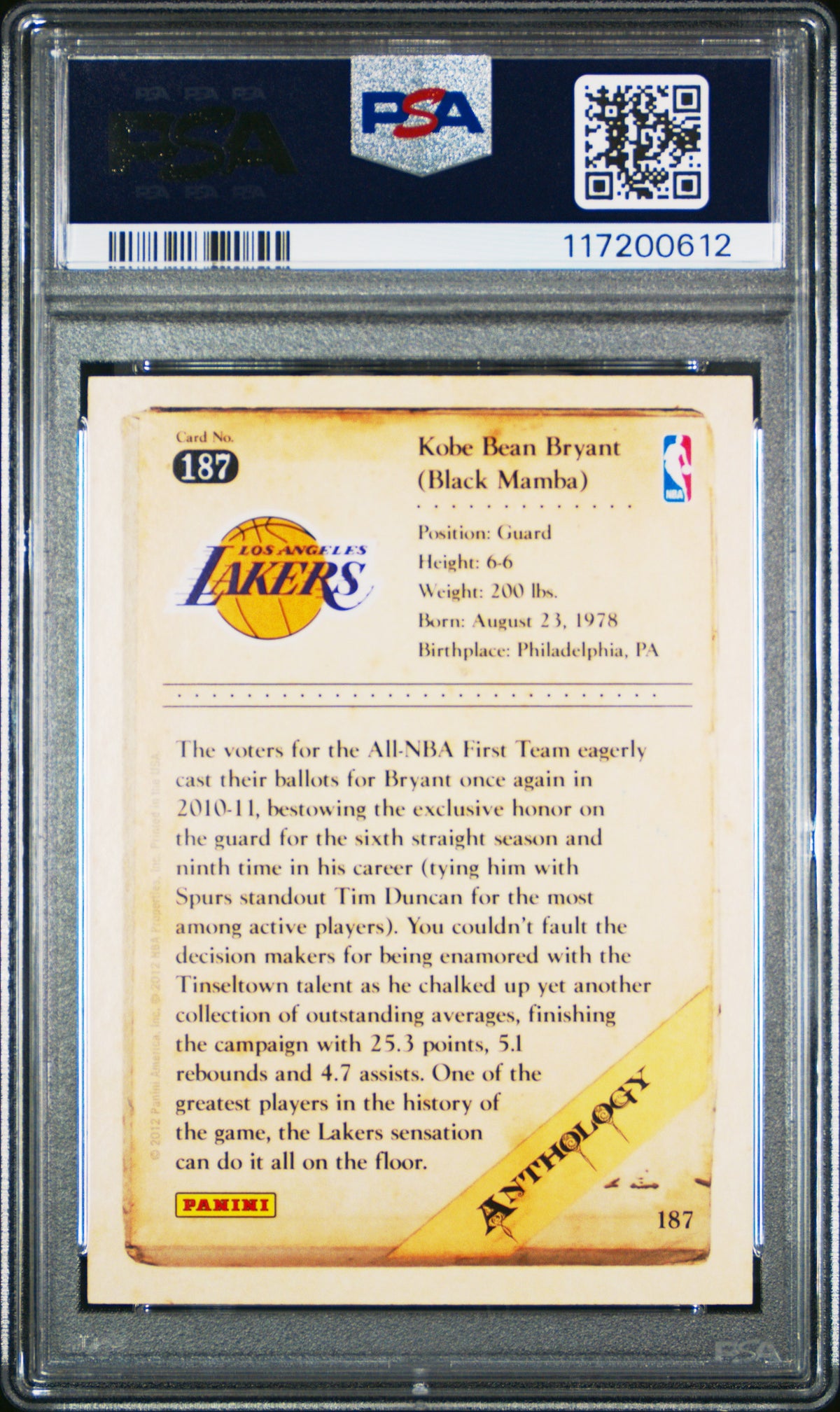 Kobe Bryant 2012 Panini Kobe Anthology #187 PSA 10