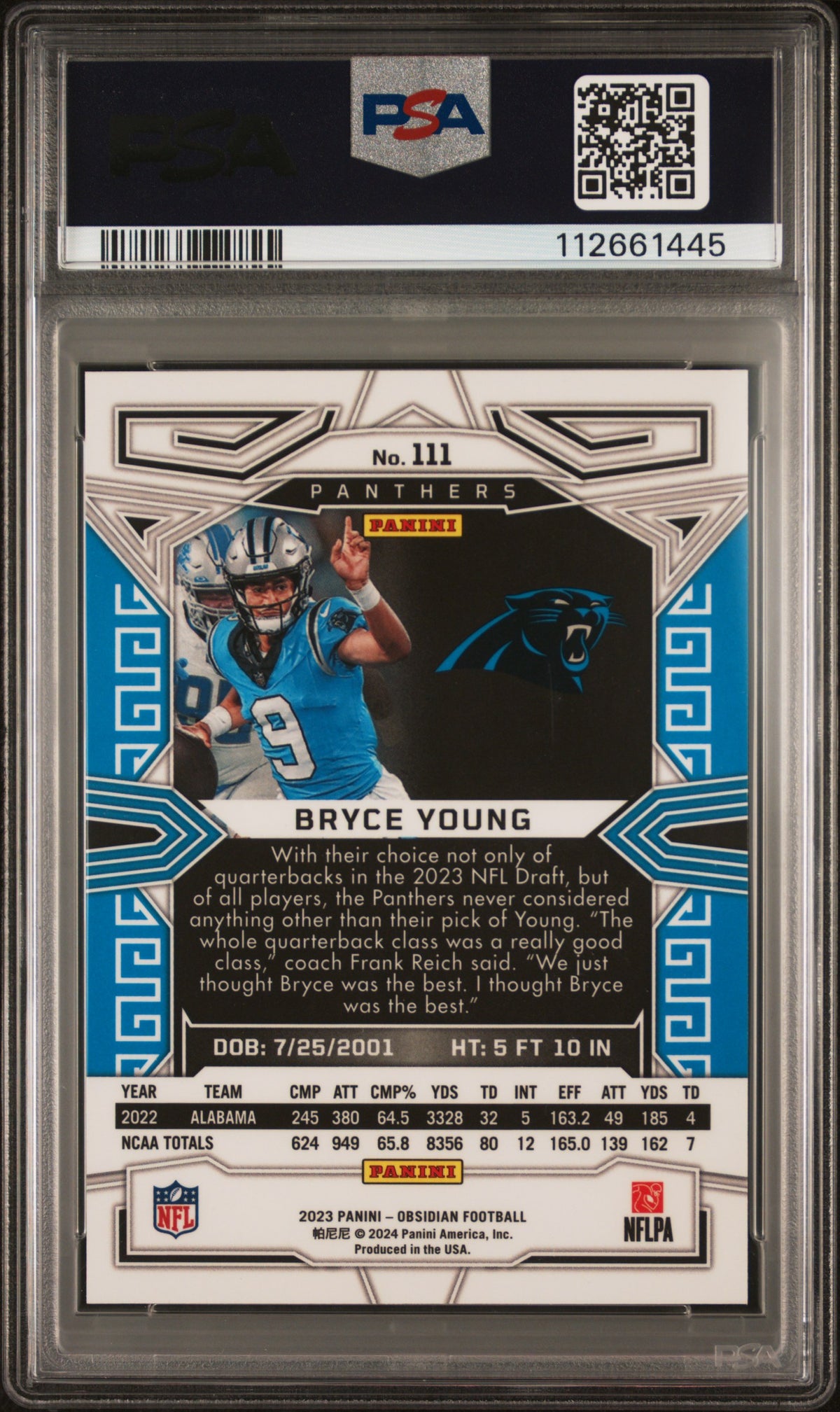 Bryce Young 2023 Panini Obsidian #111 Electric Etch Contra PSA 9