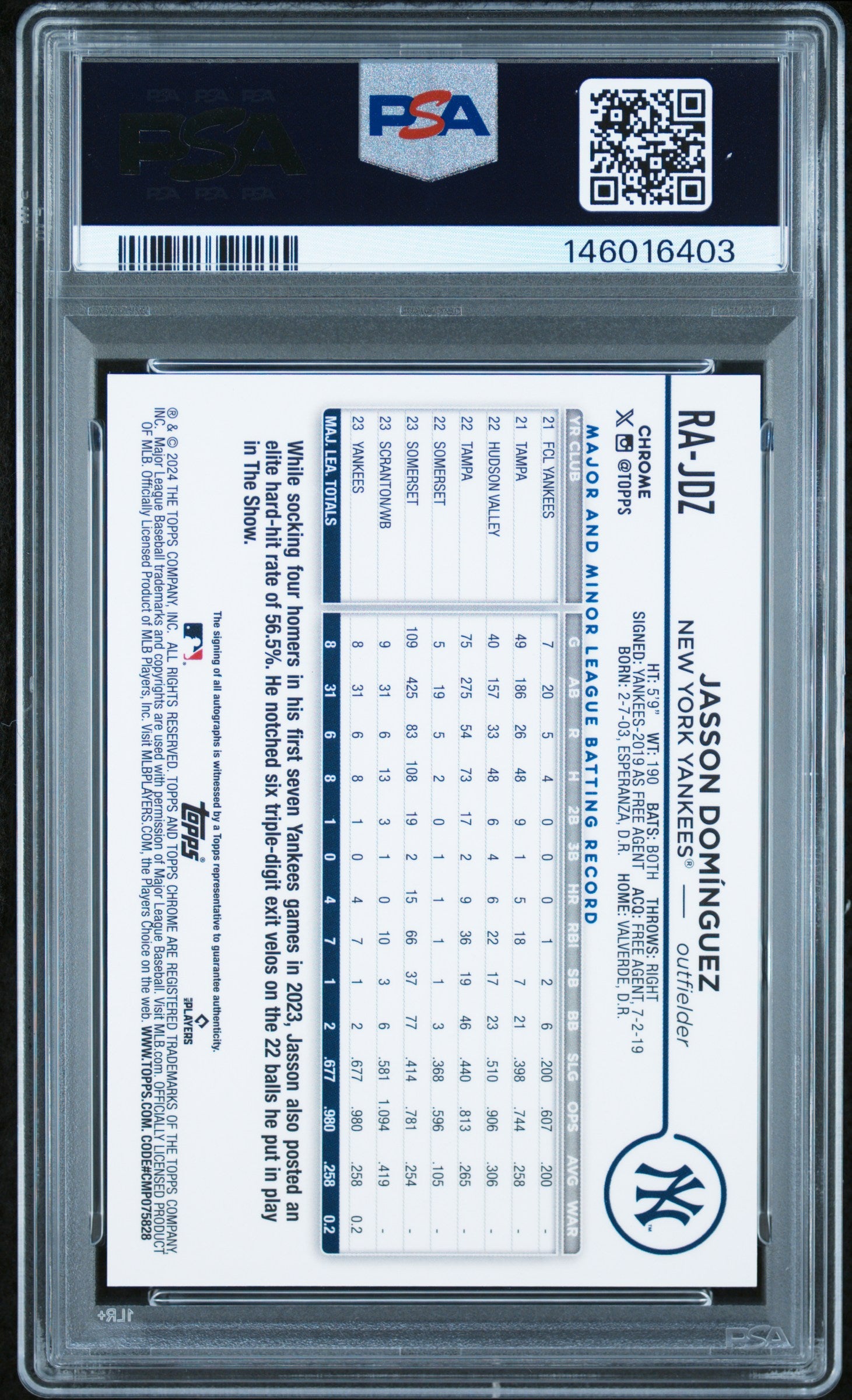 Jasson Dominguez 2024 Topps Chrome Rookie Autographs #RAJDZ PSA 10