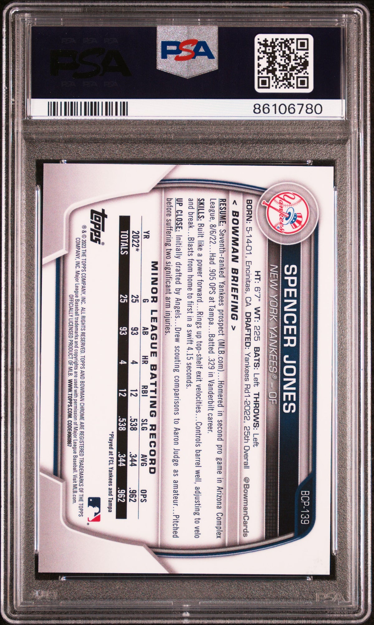 Spencer Jones 2023 Bowman Mega Box Chrome #139 Yellow Refractor /75 PSA 10