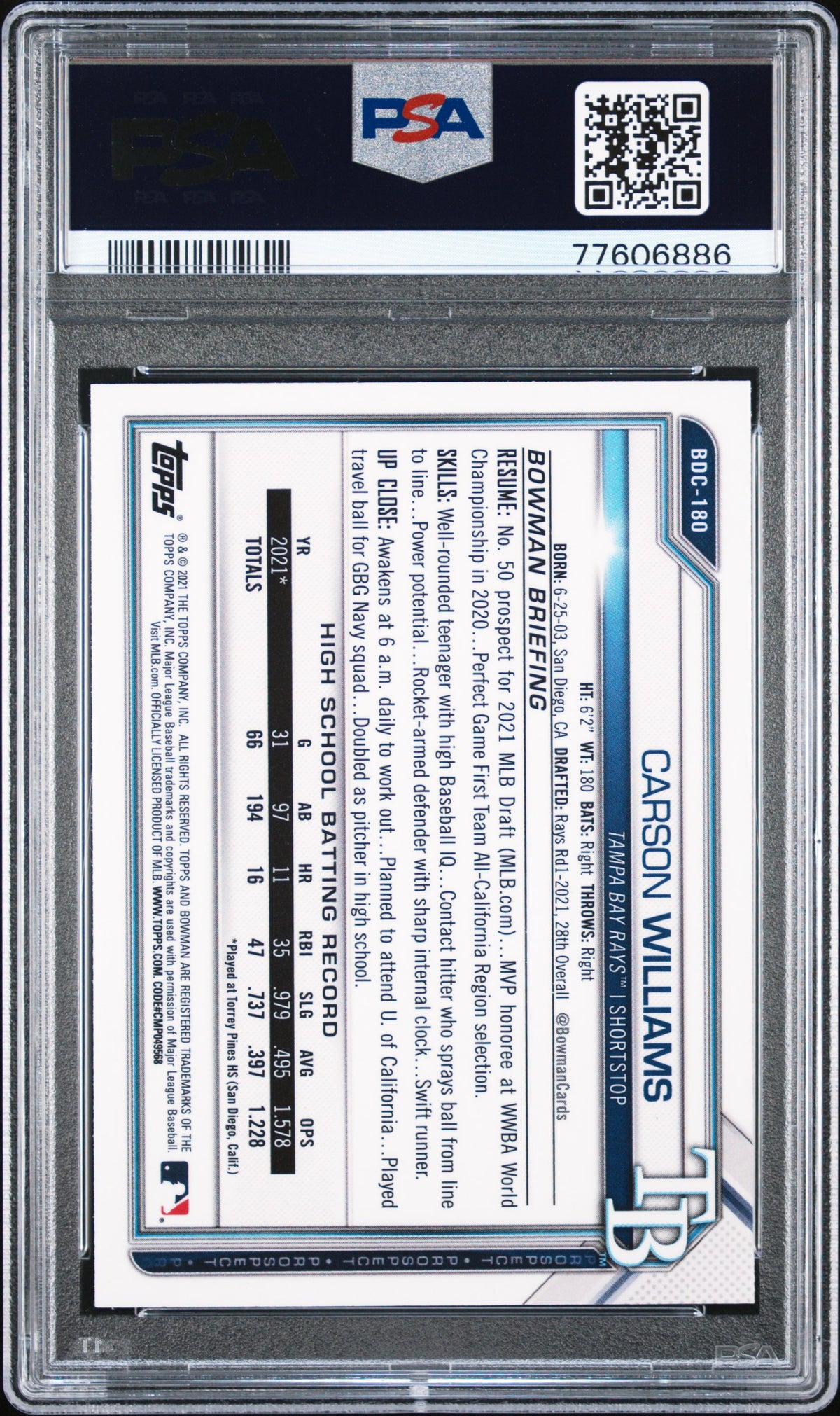 Carson Williams 2021 Bowman Draft #BDC180 Chrome Asia Refractor PSA 10