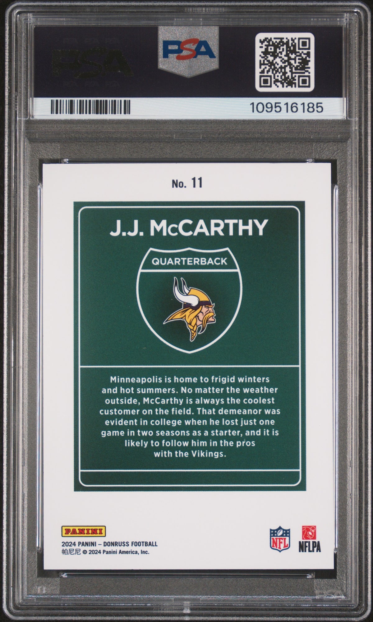 JJ Mccarthy 2024 Panini Donruss Downtown! #11 PSA 10