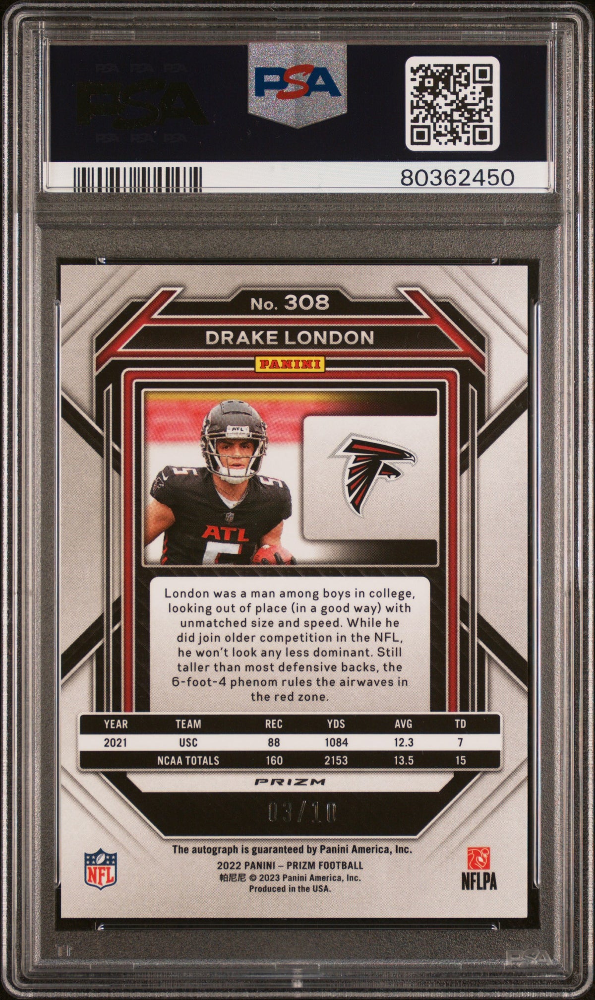 Drake London 2022 Panini Prizm #308 Auto No Huddle Gold PSA 9 Auto 10