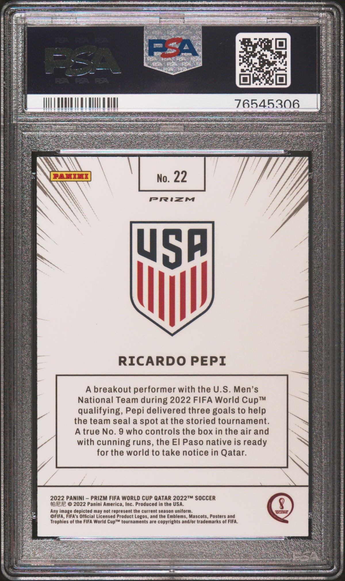 Ricardo Pepi 2022 Panini Prizm World Cup Qatar Manga #22 PSA 10