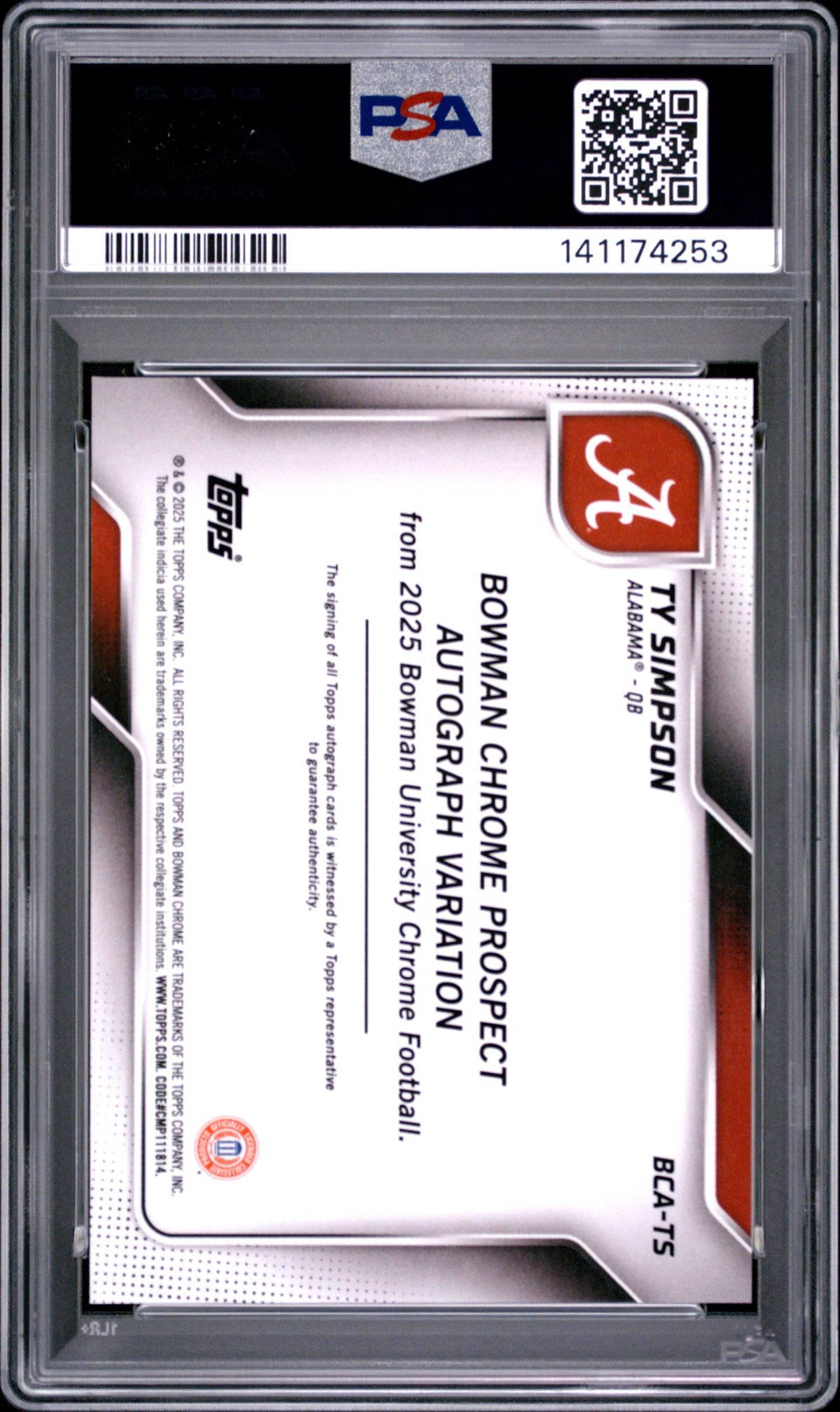 Ty Simpson 2025 Bowman University Chrome Bowman Chrome Prospect Autographs #TS PSA 9