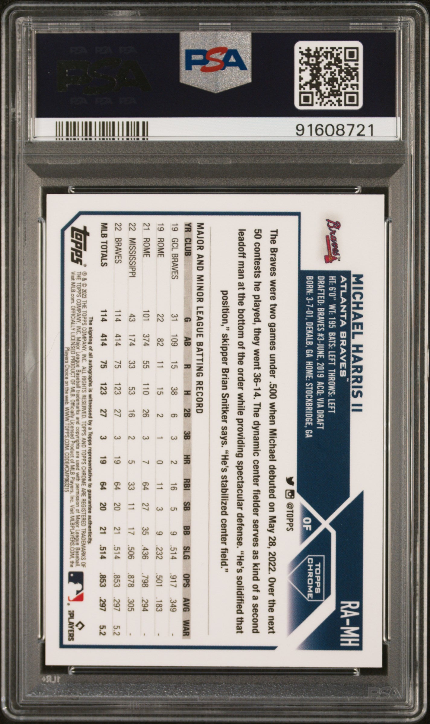 Michael Harris II 2023 Topps Chrome RC Auto #RAMH Purple Speckle /299 PSA 10