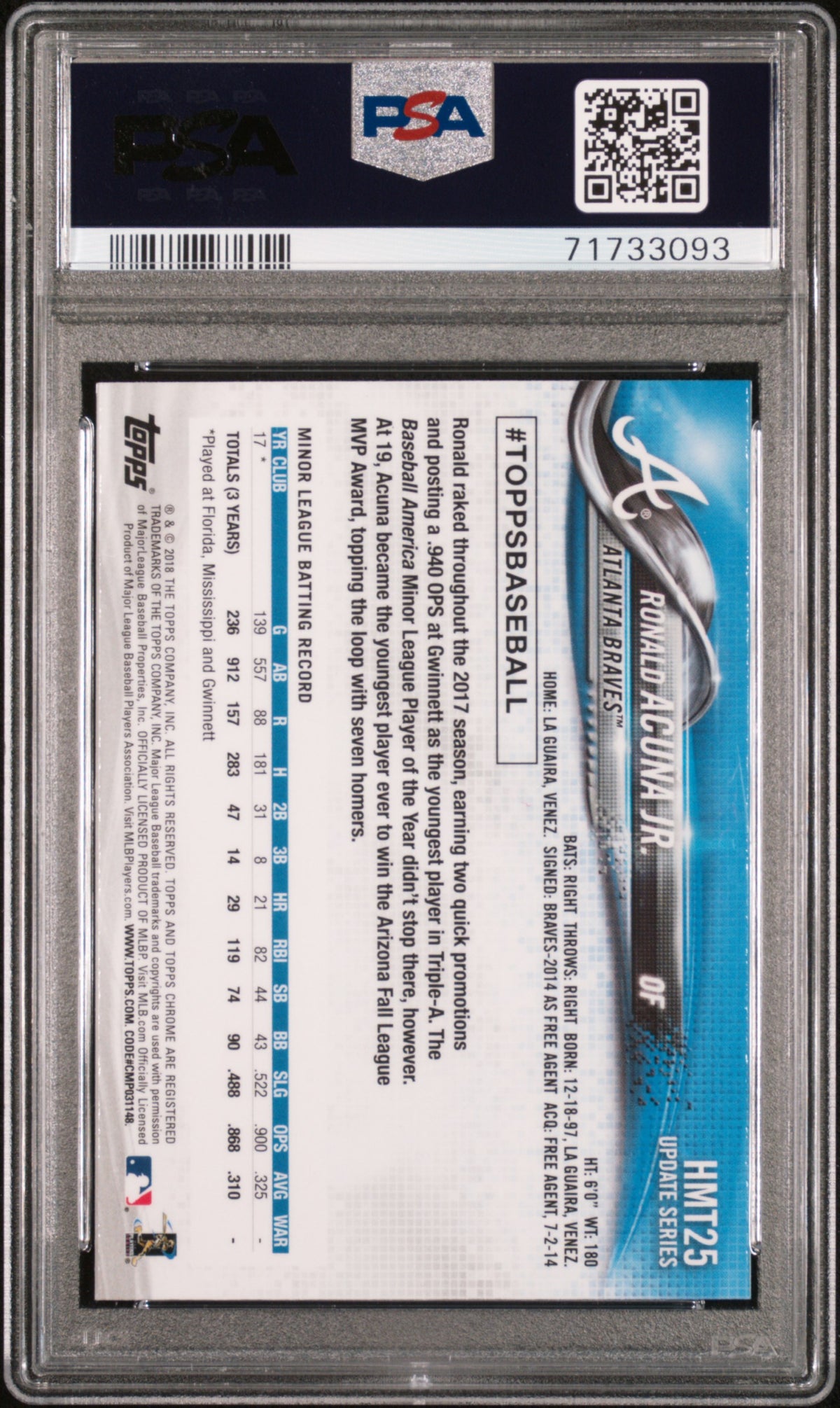 Ronald Acuna JR. 2018 Topps Chrome Update #HMT25 PSA 10