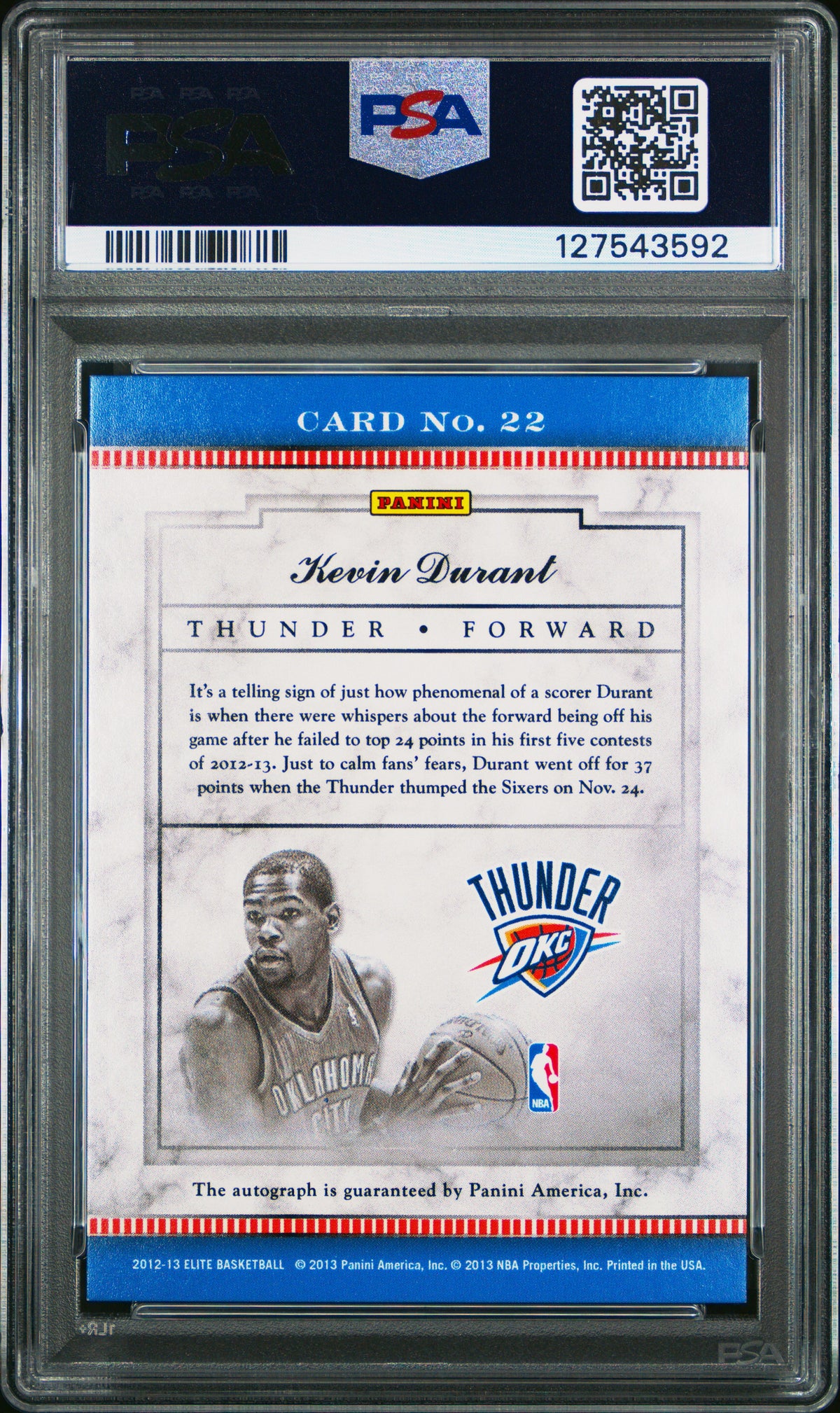 Kevin Durant 2012 Panini Elite Signatures #22 /49 PSA 8