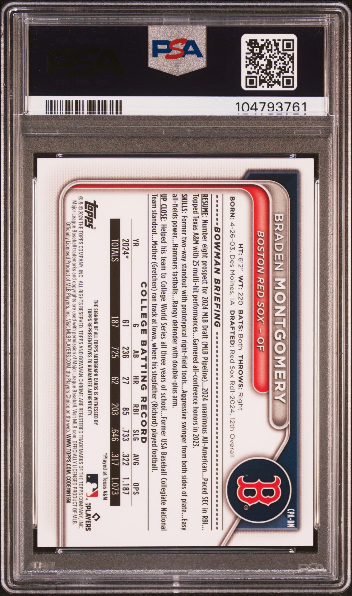 Braden Montgomery 2024 Bowman Draft Chrome Prospect Autographs #CPABM Blue Wave /150 PSA 9