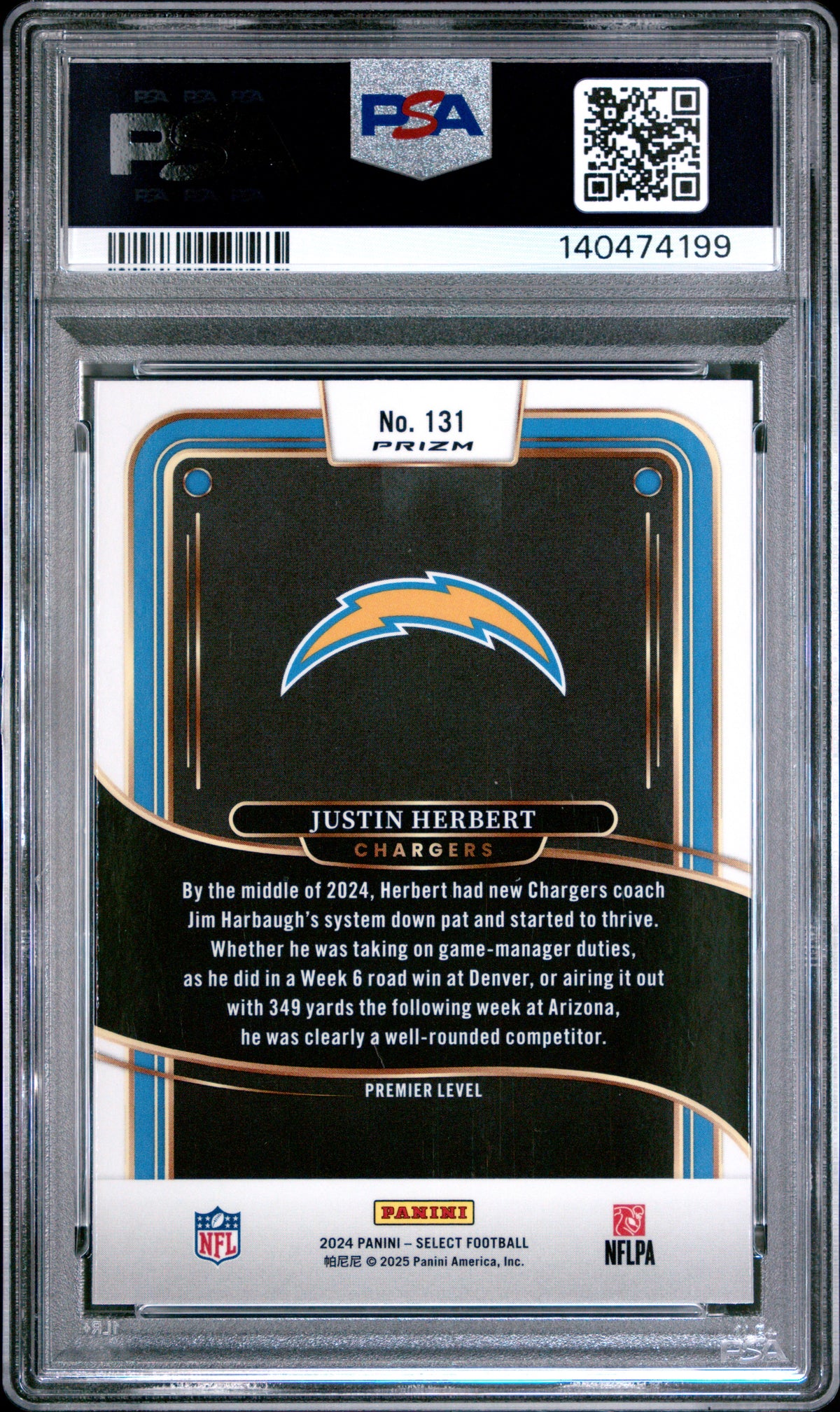 Justin Herbert 2024 Panini Select #131 Zebra Shock PSA 10