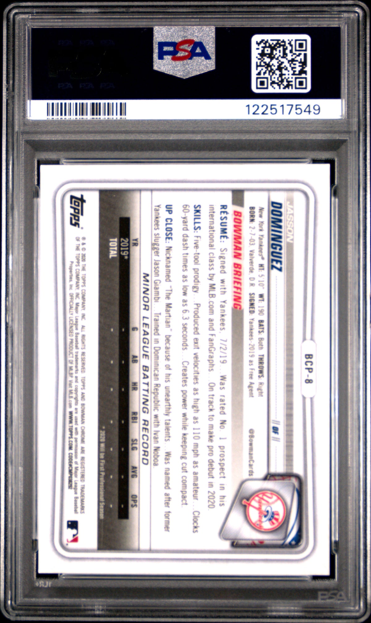 Jasson Dominguez 2020 Bowman Chrome Prospects #BCP8 Blue Shimmer PSA 9