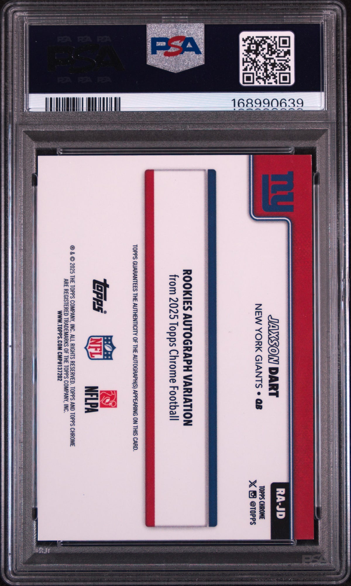 Jaxson Dart 2025 Topps Chrome Rookies Autograph #JD Yellow Lava /275 PSA 8