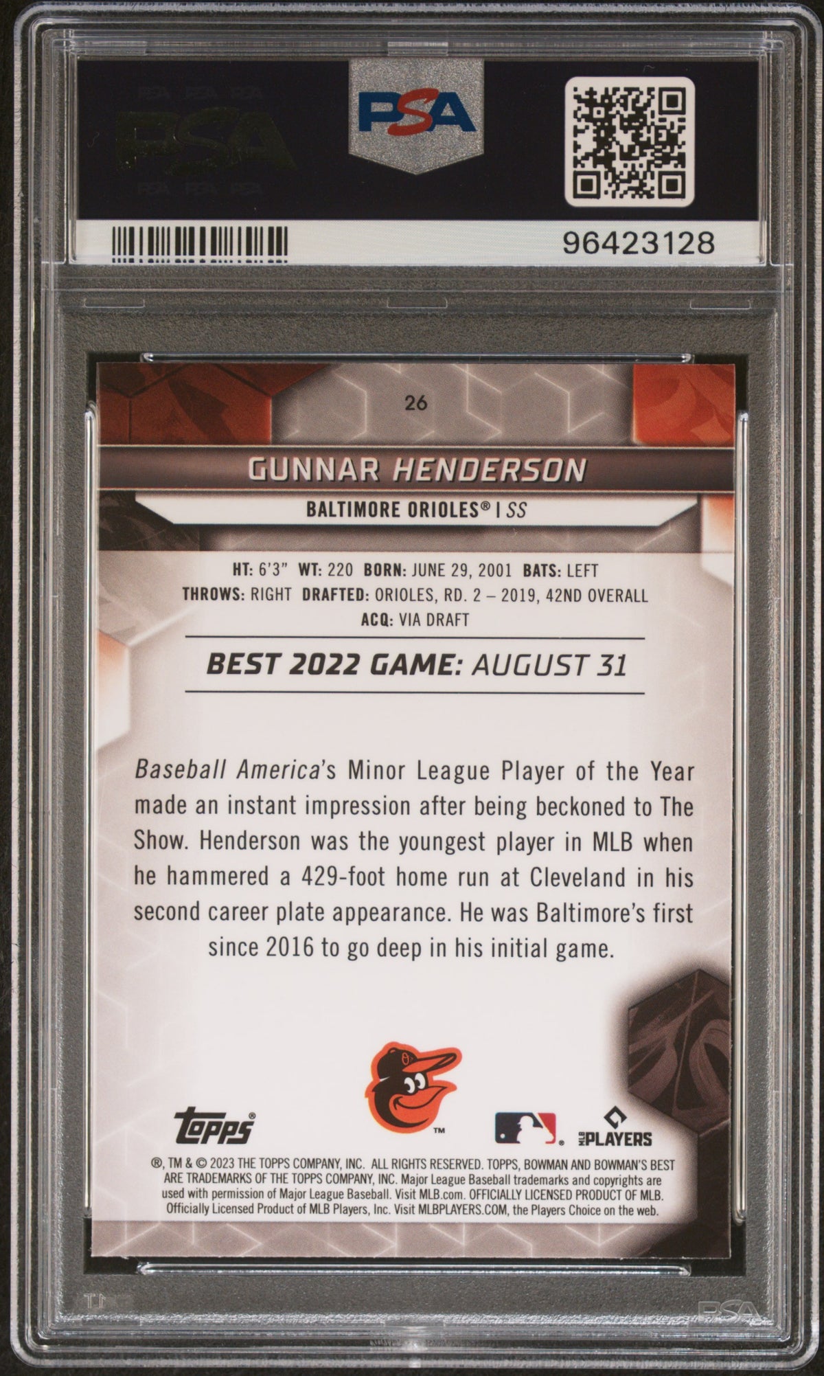 Gunnar Henderson 2023 Bowman's Best #26 PSA 10