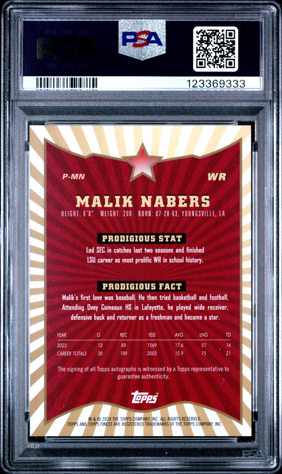 Malik Nabers 2024 Topps Finest Prodigies Autographs #PMN Red Geometric PSA 9