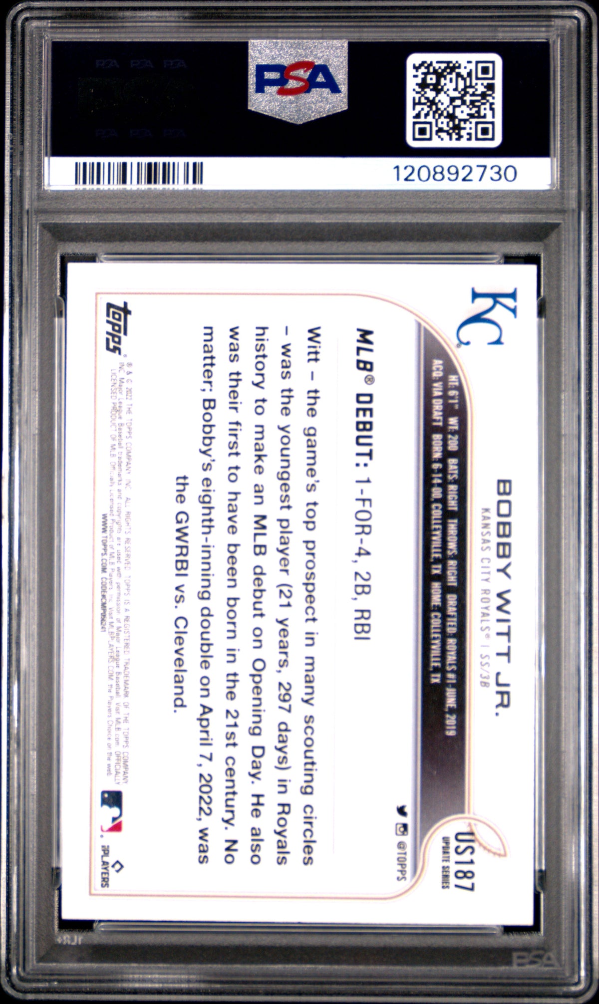 Bobby Witt JR. 2022 Topps Update #US187 Rainbow Foil PSA 10