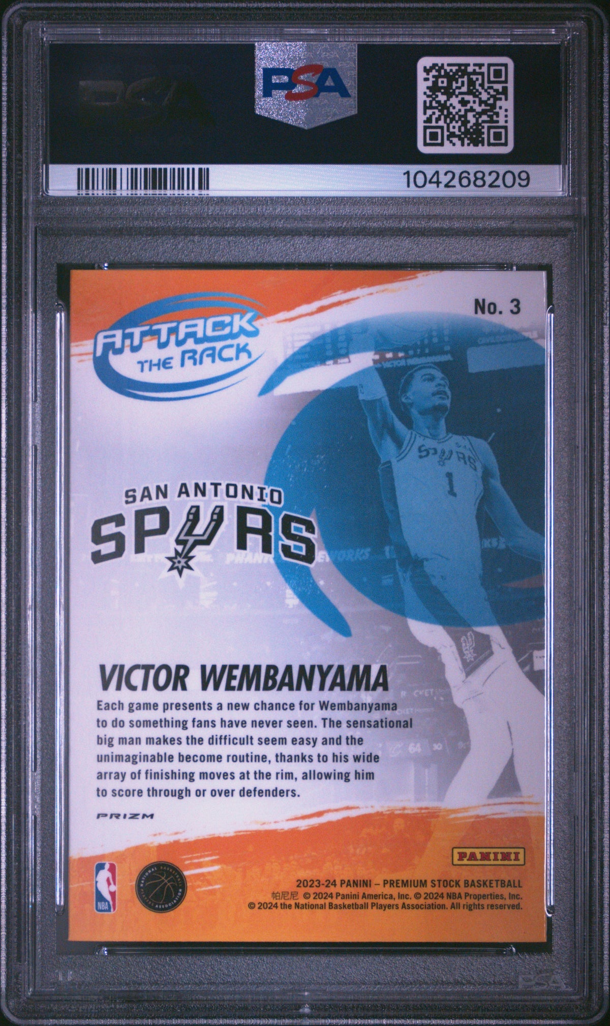 Victor Wembanyama 2023 Panini Hoops Premium Stock Attack The Rack #3 Holo PSA 10