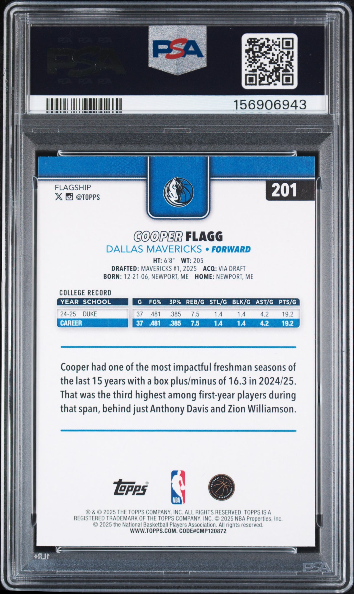 Cooper Flagg 2025 Topps #201 PSA 10
