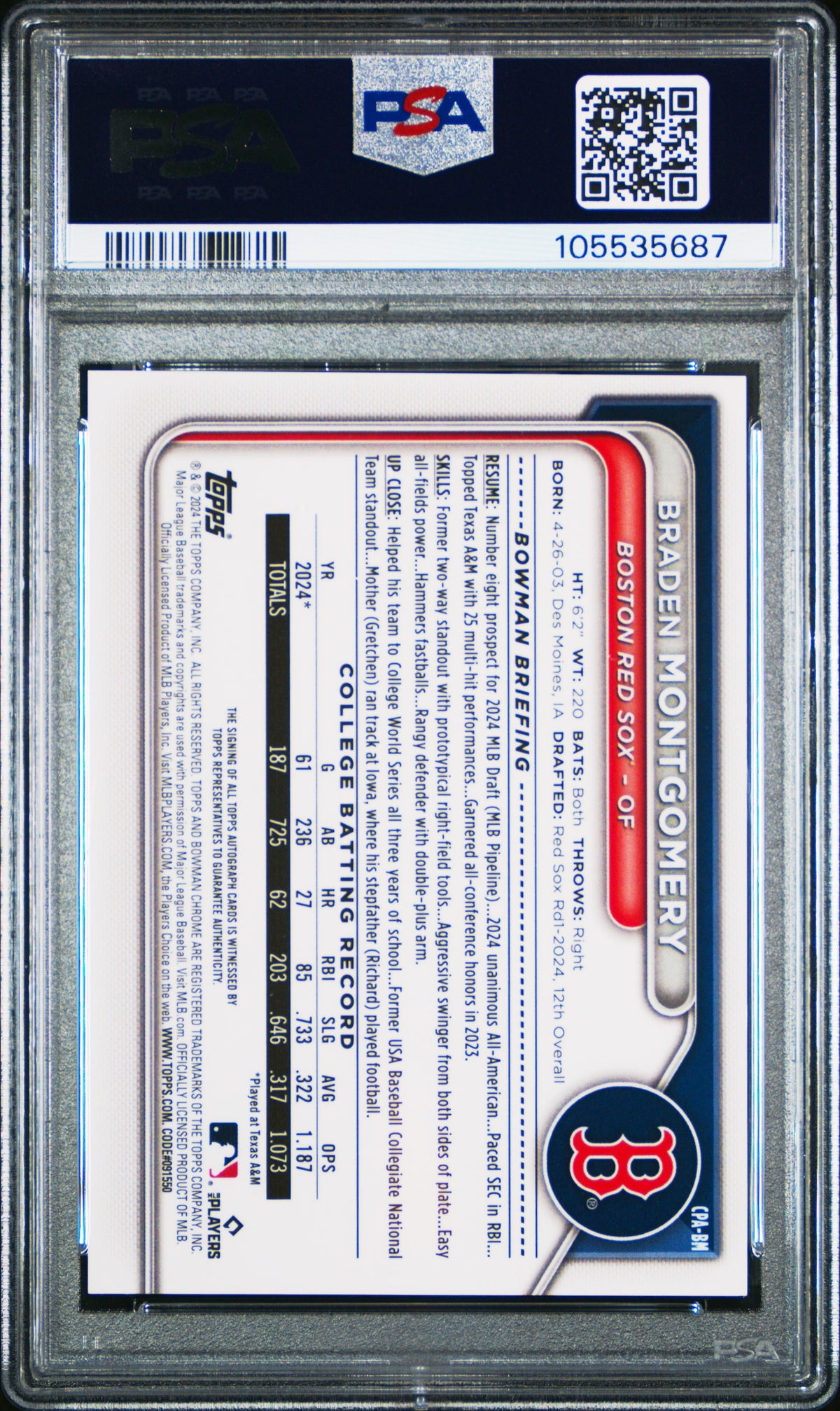 Braden Montgomery 2024 Bowman Draft Chrome Prospect Autographs #CPABM Aqua Lava /199 PSA 10