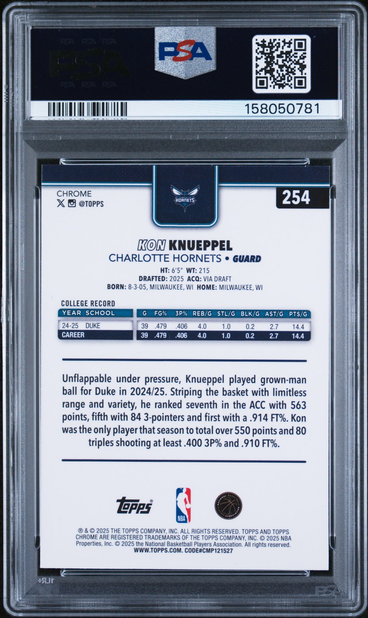 Kon Knueppel 2025 Topps Chrome #254 Yellow Raywave /275 PSA 10