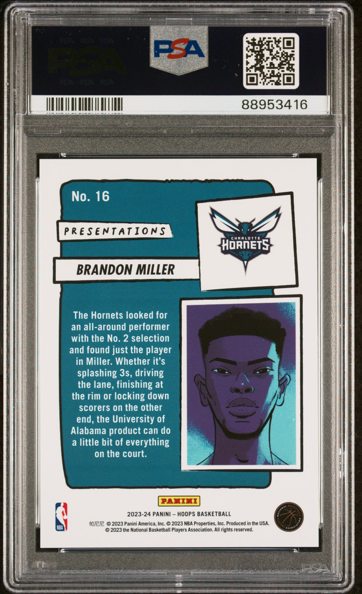 Brandon Miller 2023 Panini NBA Hoops Presentations #16 PSA 10