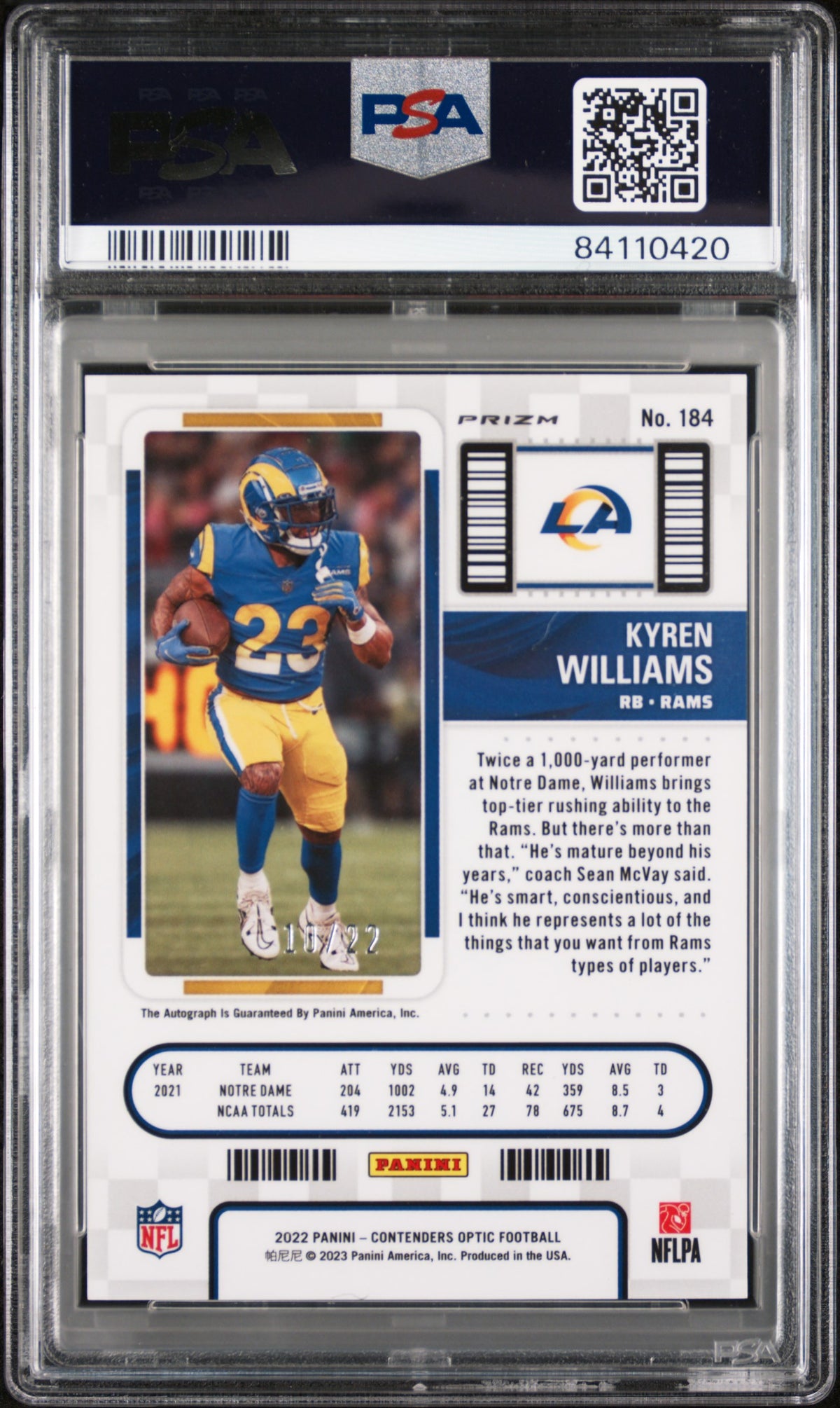 Kyren Williams 2022 Panini Contenders Optic #184 Autograph Cracked Ice PSA 10 Auto 10