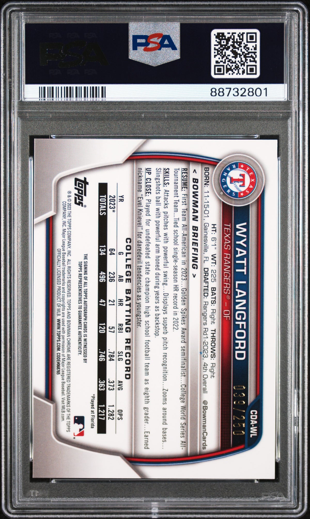 Wyatt Langford 2023 Bowman Draft Chrome Prospect Autograph #CDAWL Prspct Purple PSA 10 Auto 10