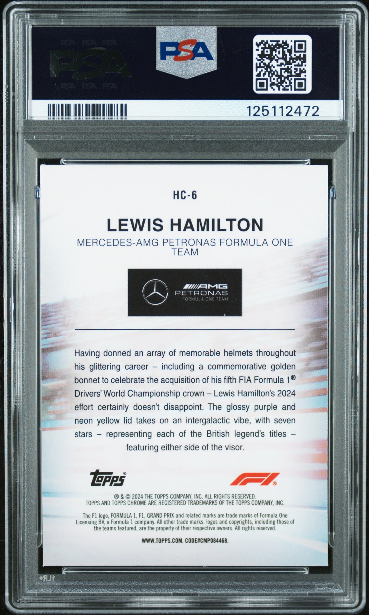 Lewis Hamilton 2024 Topps Chrome Formula 1 Helmet Collection #HC6 PSA 9