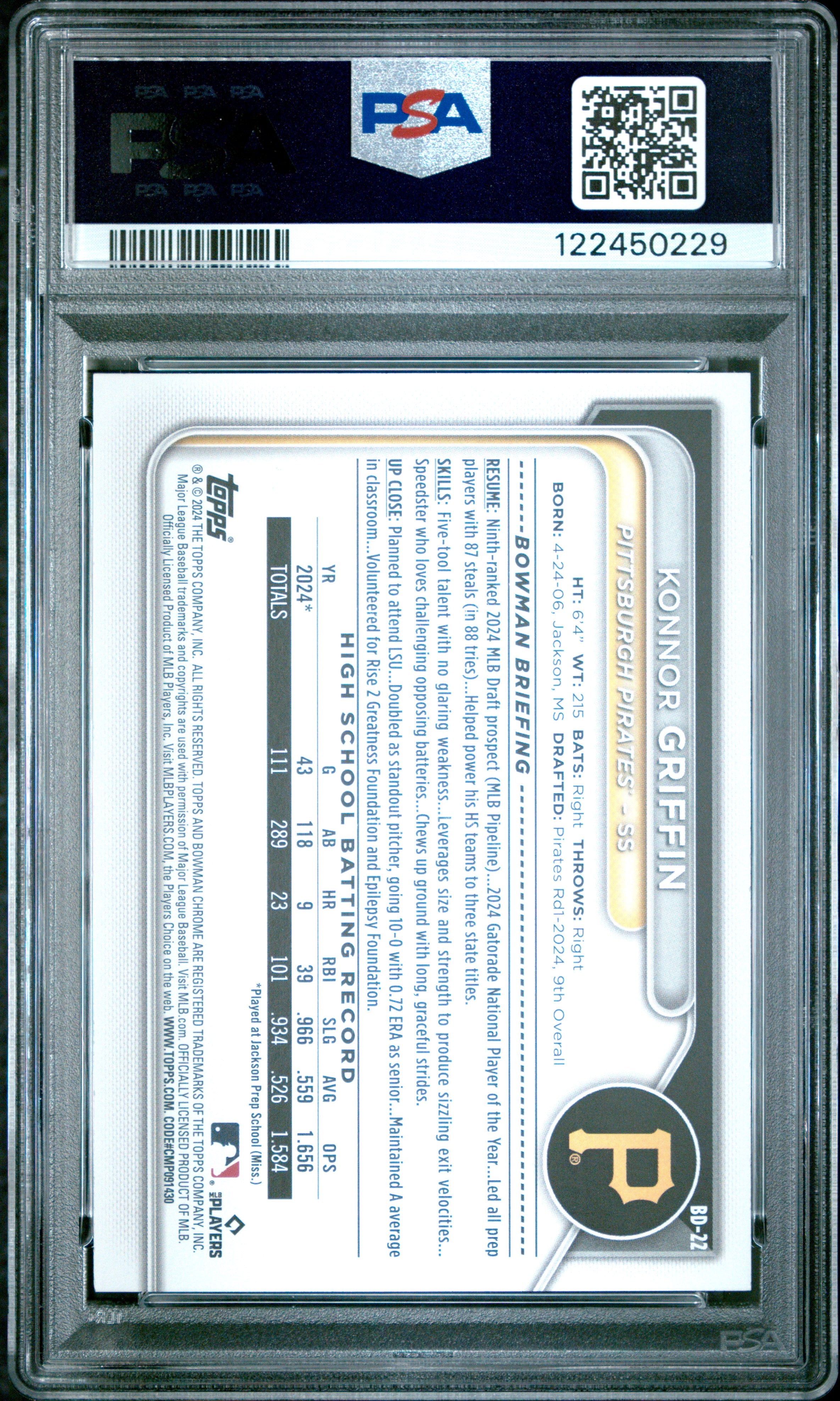 Konnor Griffin 2024 Bowman Draft #BD22 PSA 9