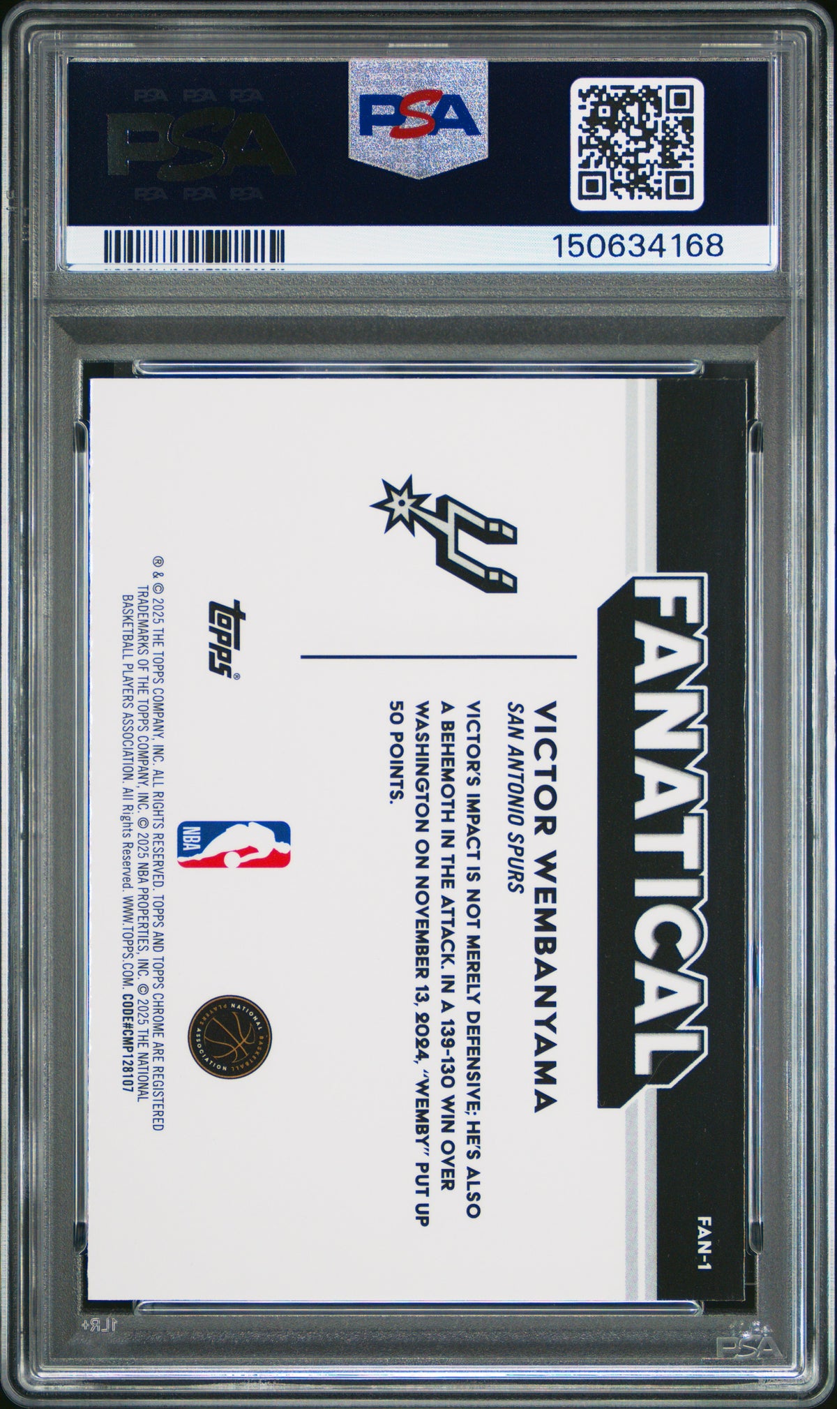 Victor Wembanyama 2025 Topps Chrome Fanatical #FAN-1 PSA 10