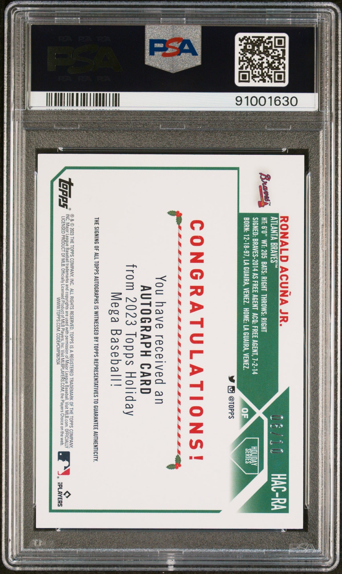 Ronald Acuna JR. 2023 Topps Holiday Autographs #HACRA Silver Metallic PSA 9