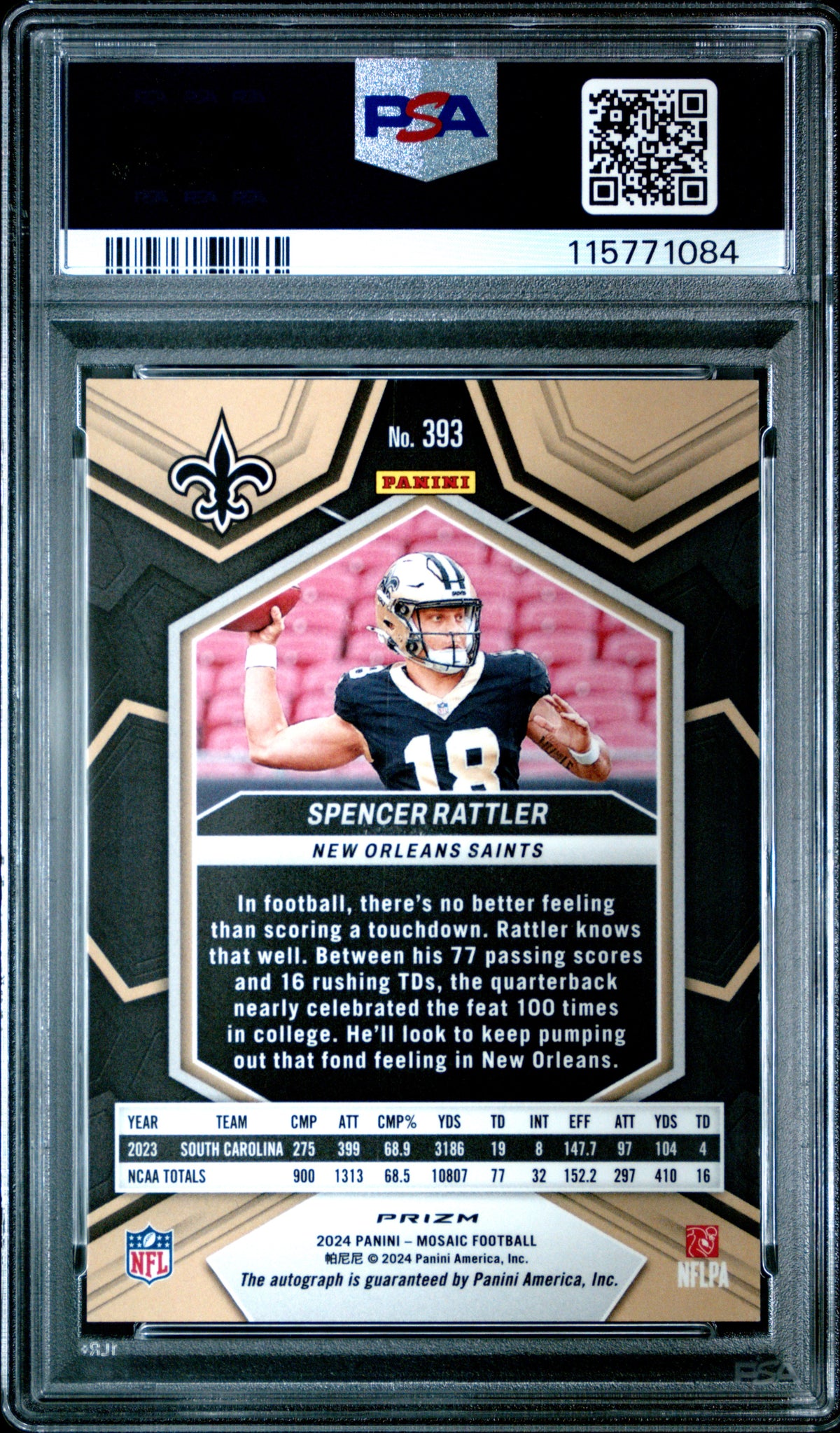 Spencer Rattler 2024 Panini Mosaic #393 Autograph Blue No Huddle PSA 10