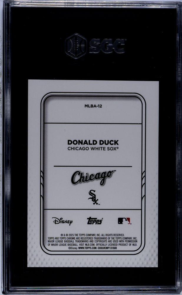 Donald Duck 2025 Topps Chrome Update #MLBA-12 Mickey & Friends MLB Away Jersey Black Refractor 10 SGC 10