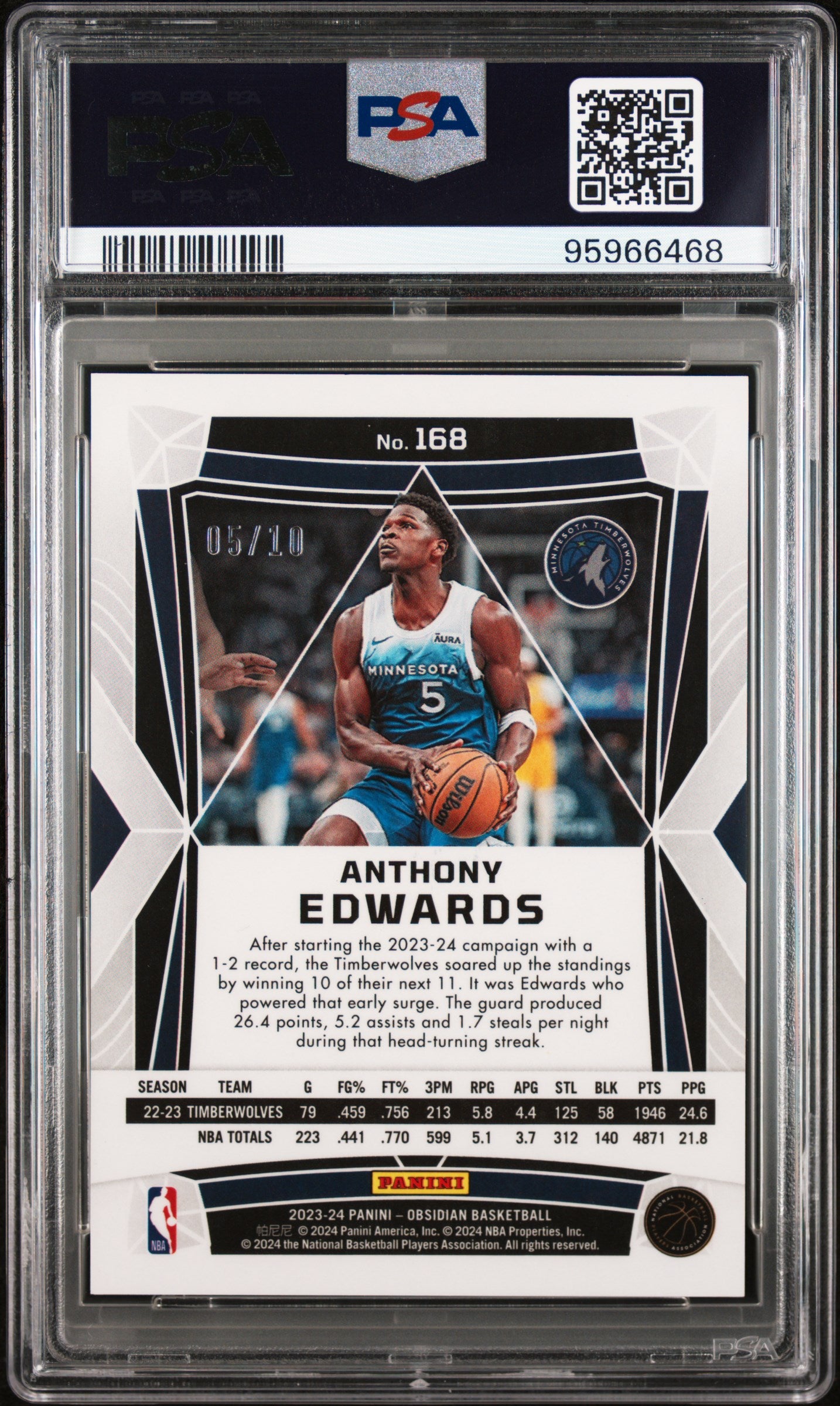 Anthony Edwards 2023 Obsidian #168 Electric Etch Molten Mojo /10 Gold PSA 9