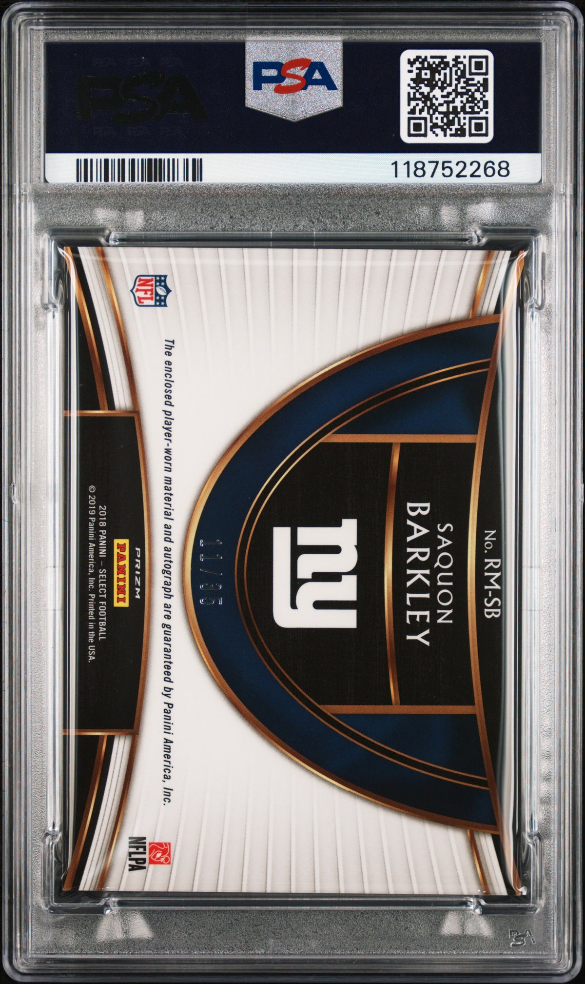 Saquon Barkley 2018 Panini Select Rookie Signature Memorabilia Prizm #RM-SB RKE. SIG. Mem. Prizm Blue PSA 8