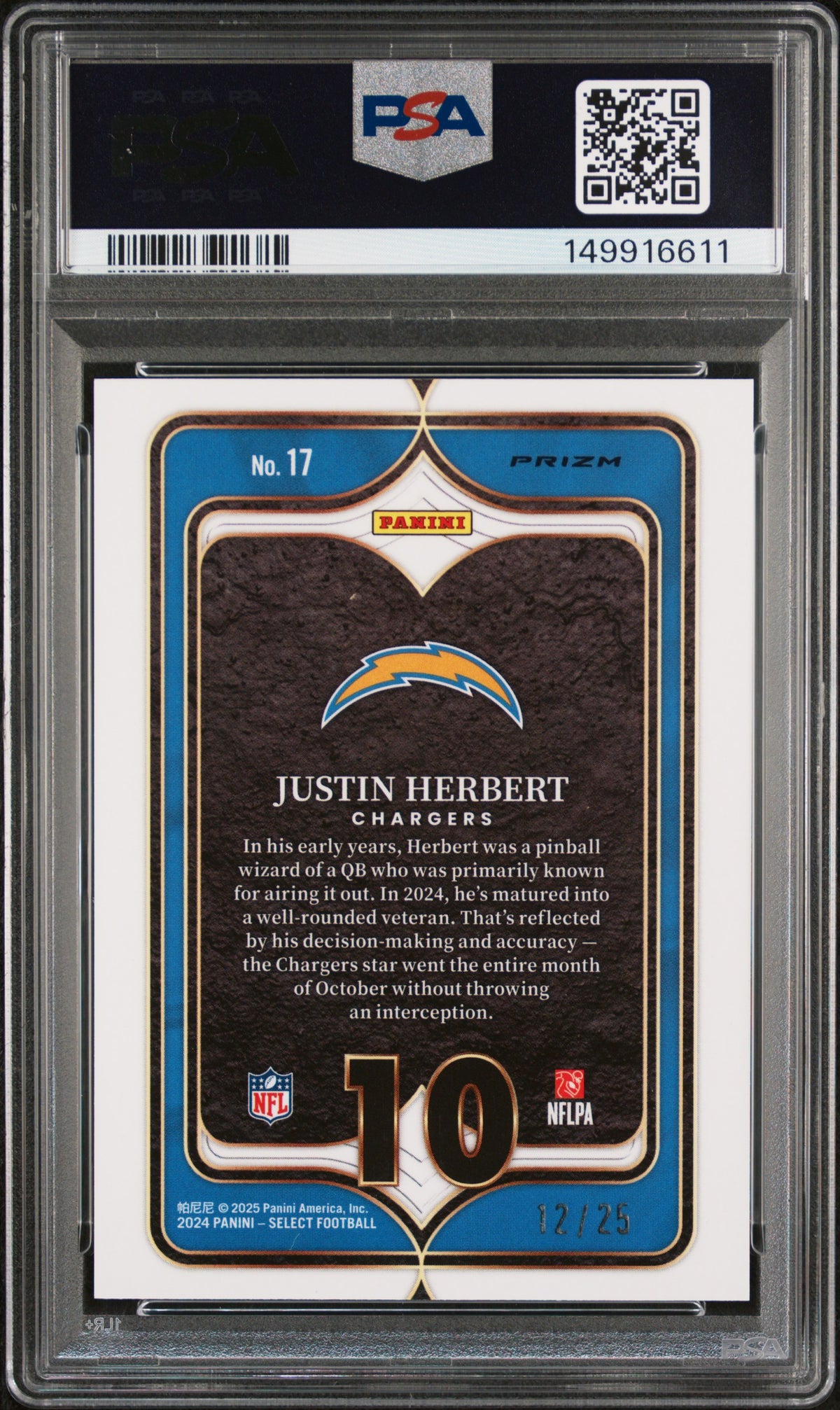 Justin Herbert 2024 Panini Select Select Numbers #17 TD Prizm PSA 9