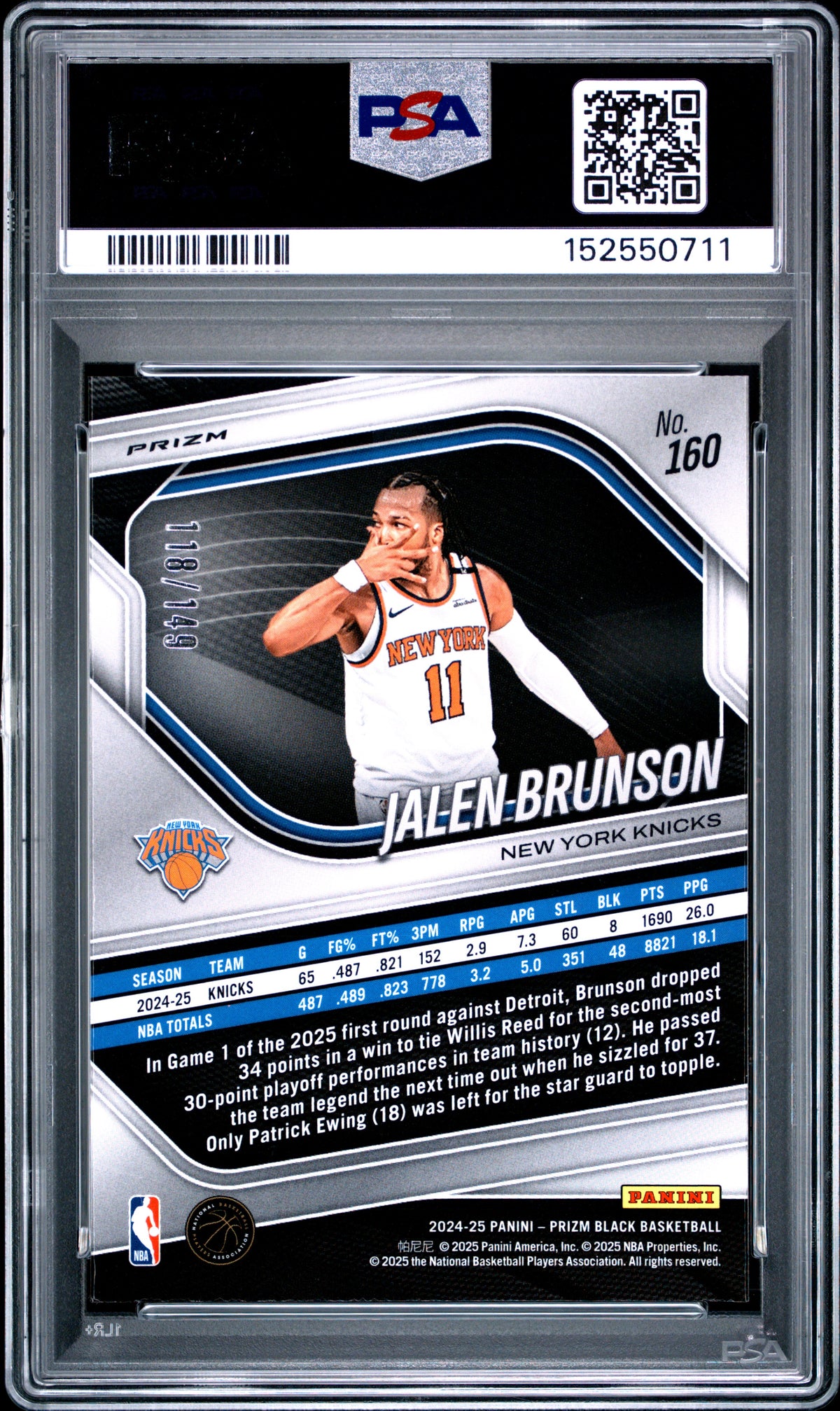 Jalen Brunson 2024 Panini Prizm Black #160 Purple Ice PSA 10