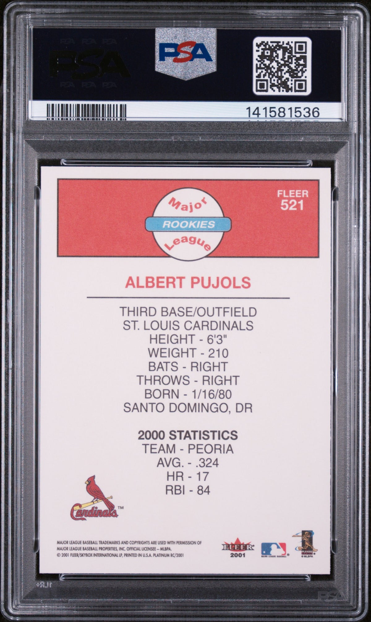 Albert Pujols 2001 Fleer Platinum #521 PSA 9