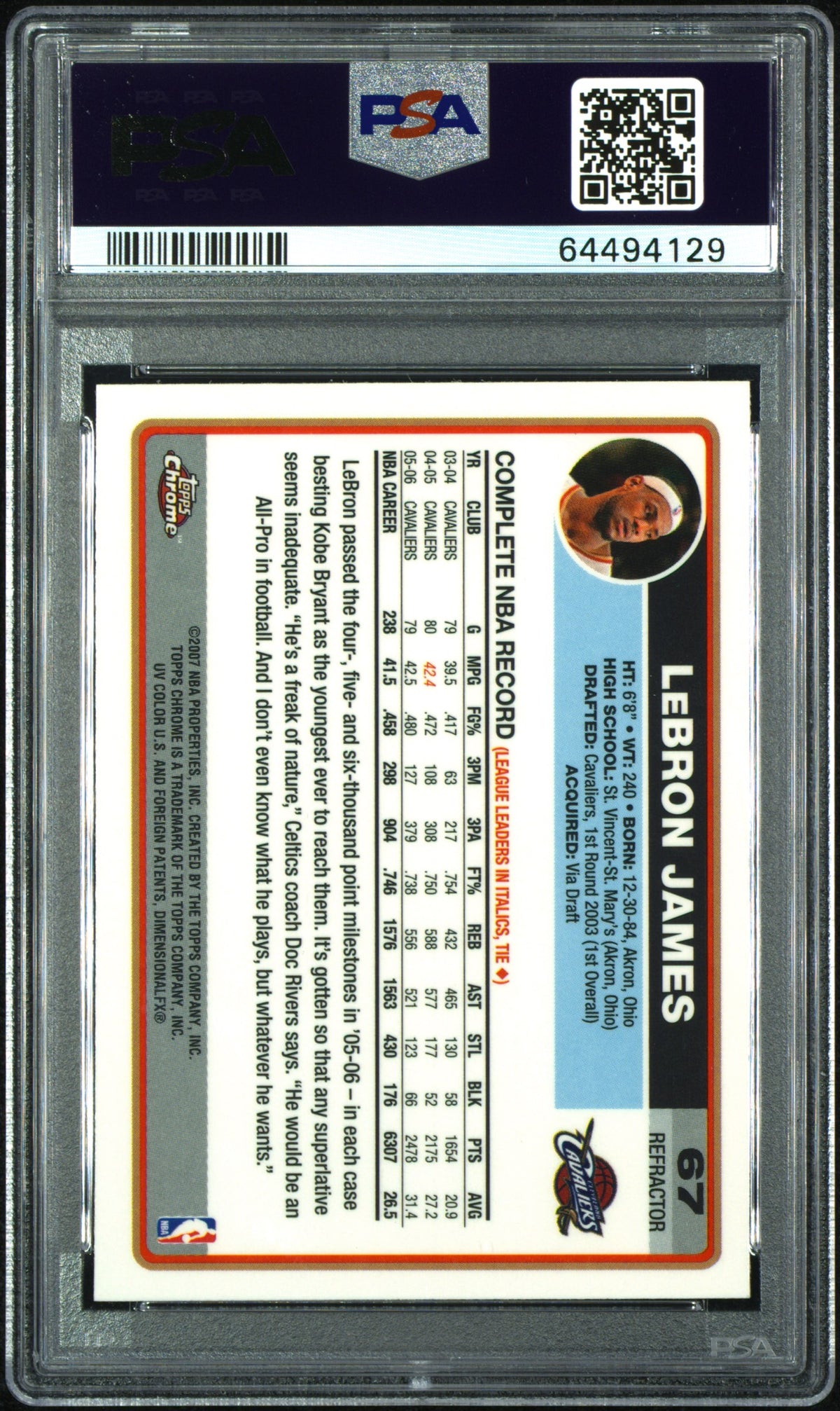 LeBron James 2006 Topps Chrome #67 Refractor PSA 8
