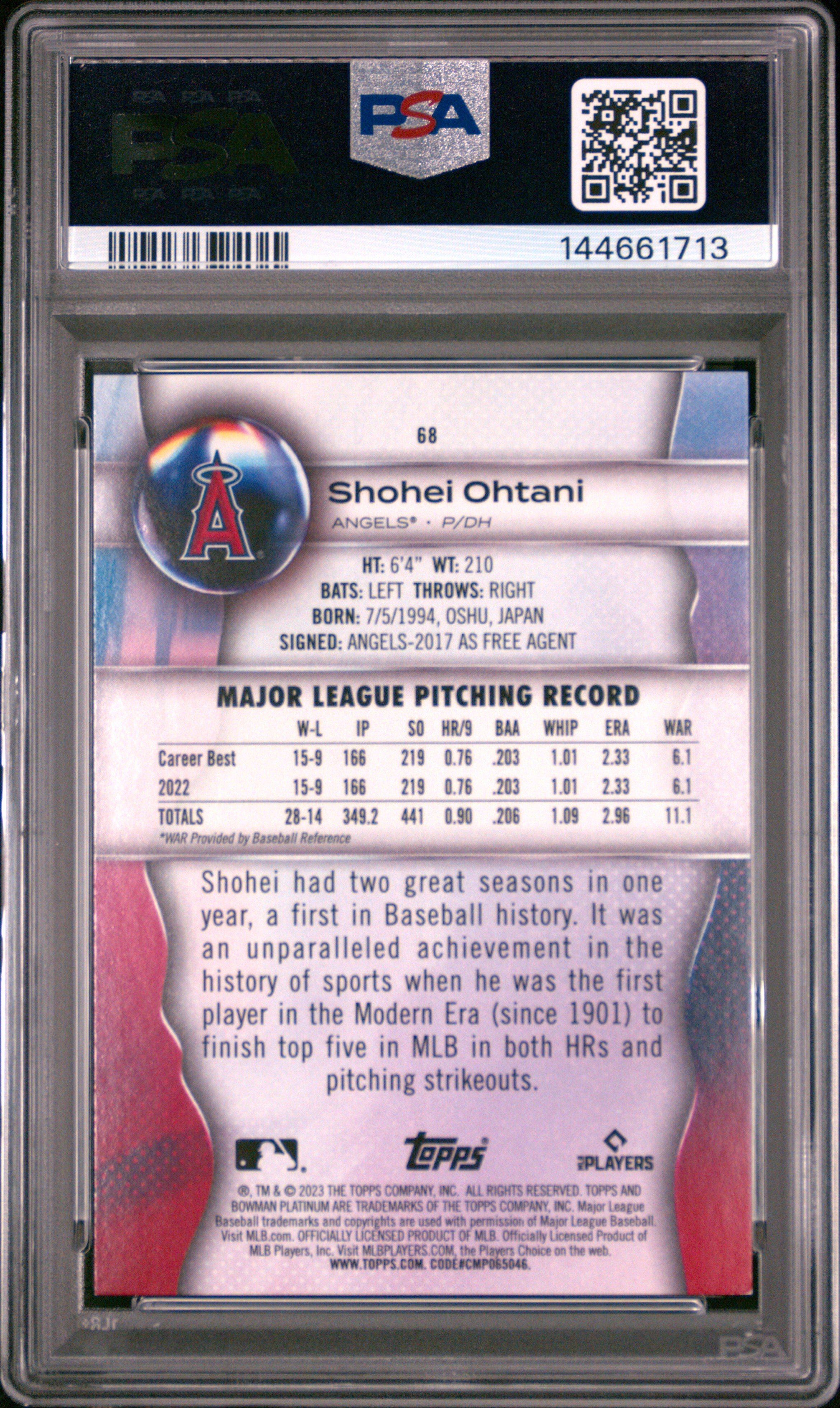 Shohei Ohtani 2023 Bowman Platinum #68 Pink Ice /199 PSA 7