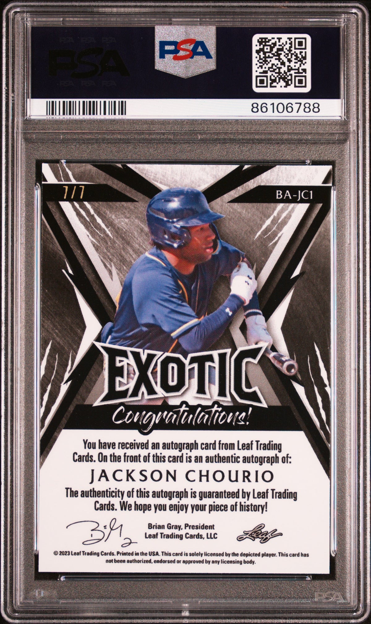 Jackson Chourio 2023 Leaf Exotic Autographs #BAJC1 Elephant Mojo PSA 10