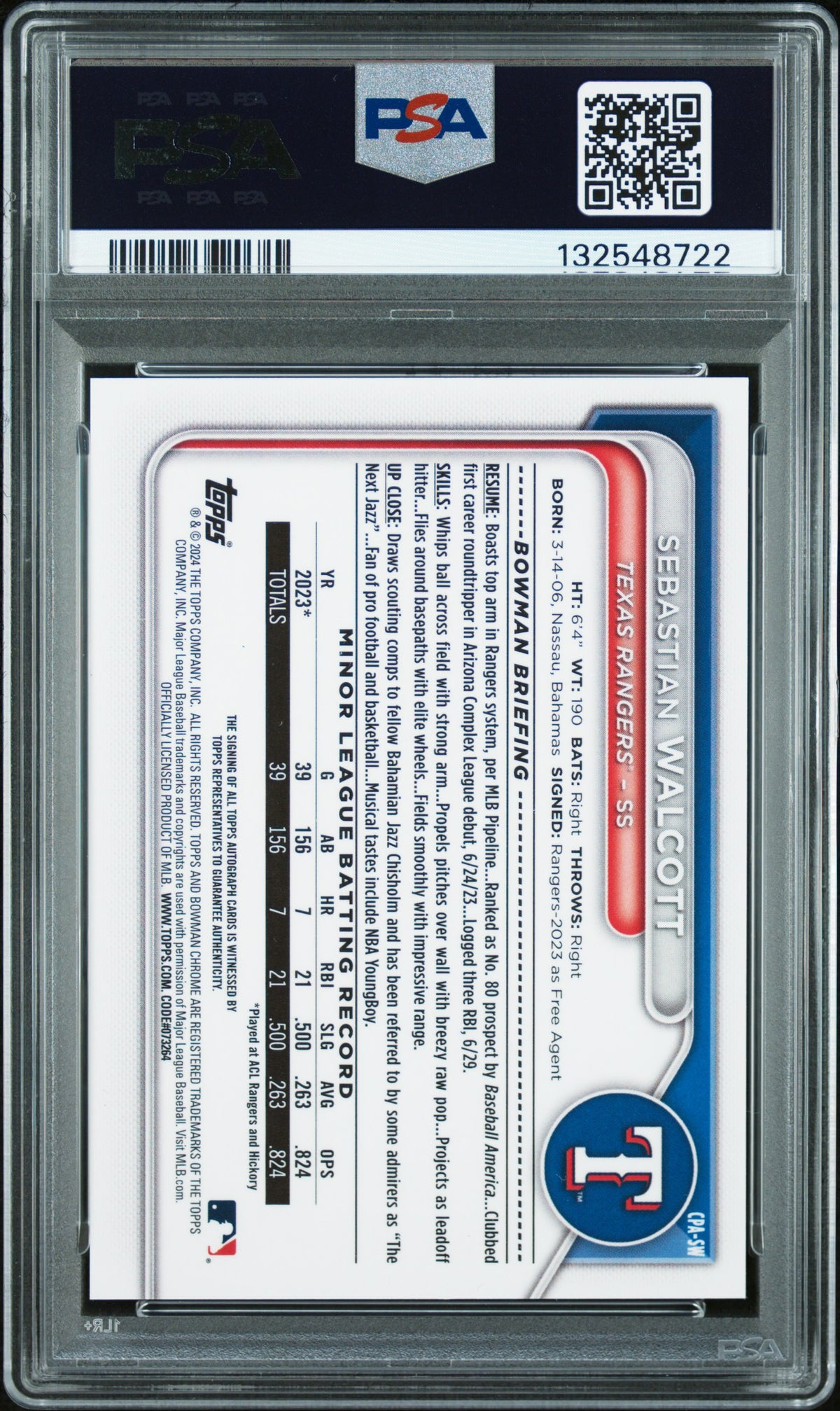 Sebastian Walcott 2024 Bowman Chrome Prospect Autographs #CPASW PSA 10