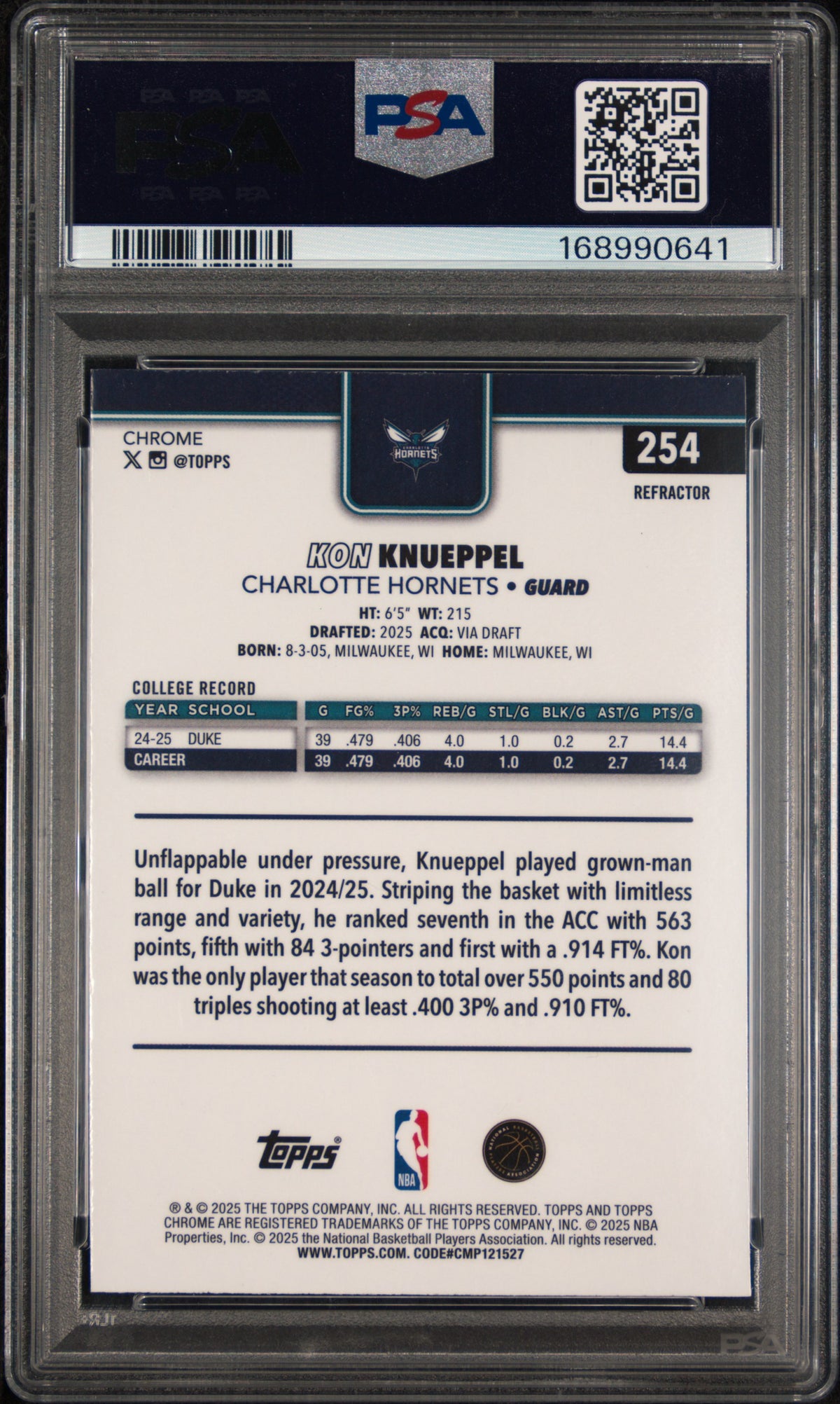 Kon Knueppel 2025 Topps Chrome #254 Refractor PSA 9