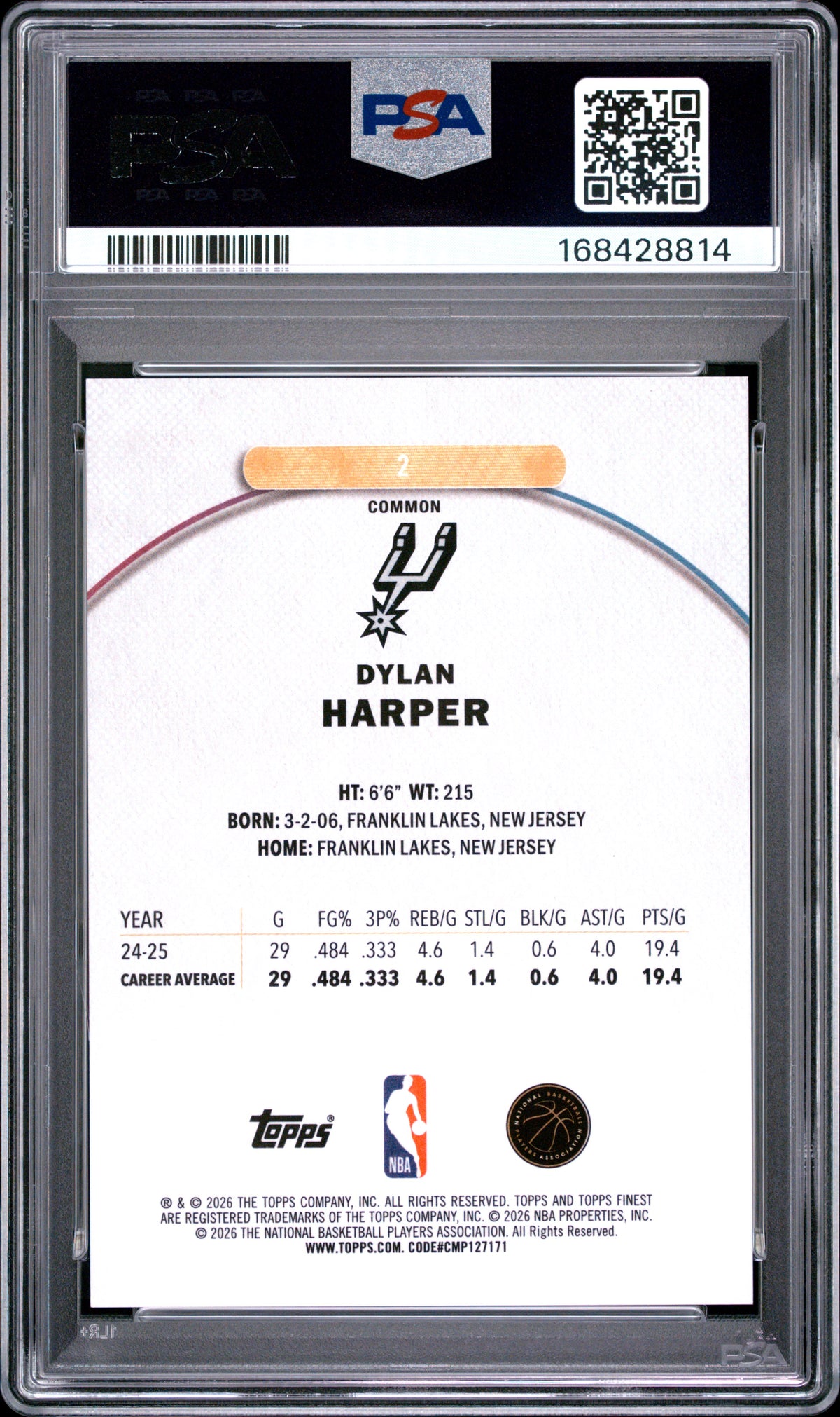 Dylan Harper 2025 Topps Finest #2 Purple Refractor /250 PSA 10