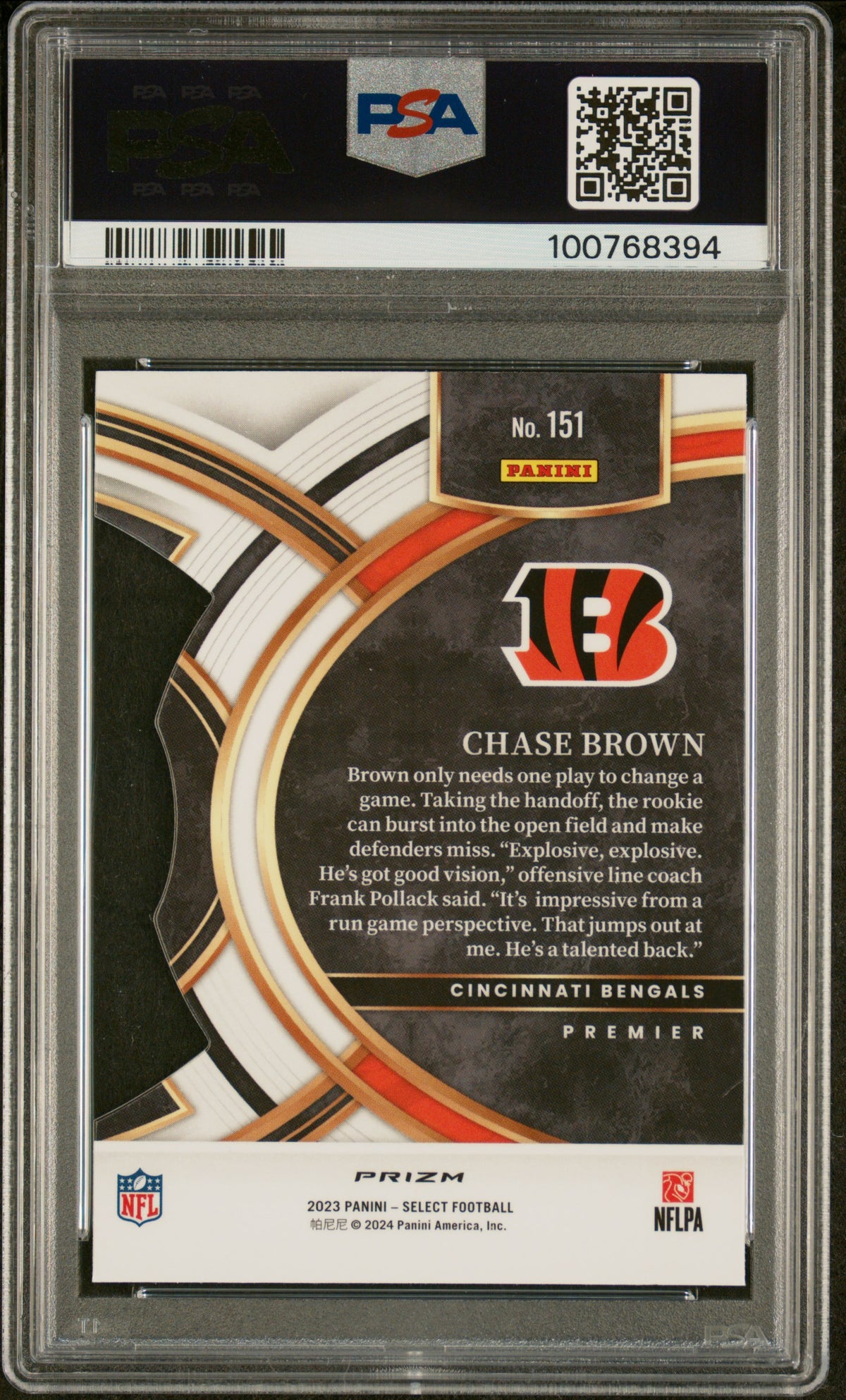 Chase Brown 2023 Panini Select #151 Die Cut Zebra Prizm PSA 10