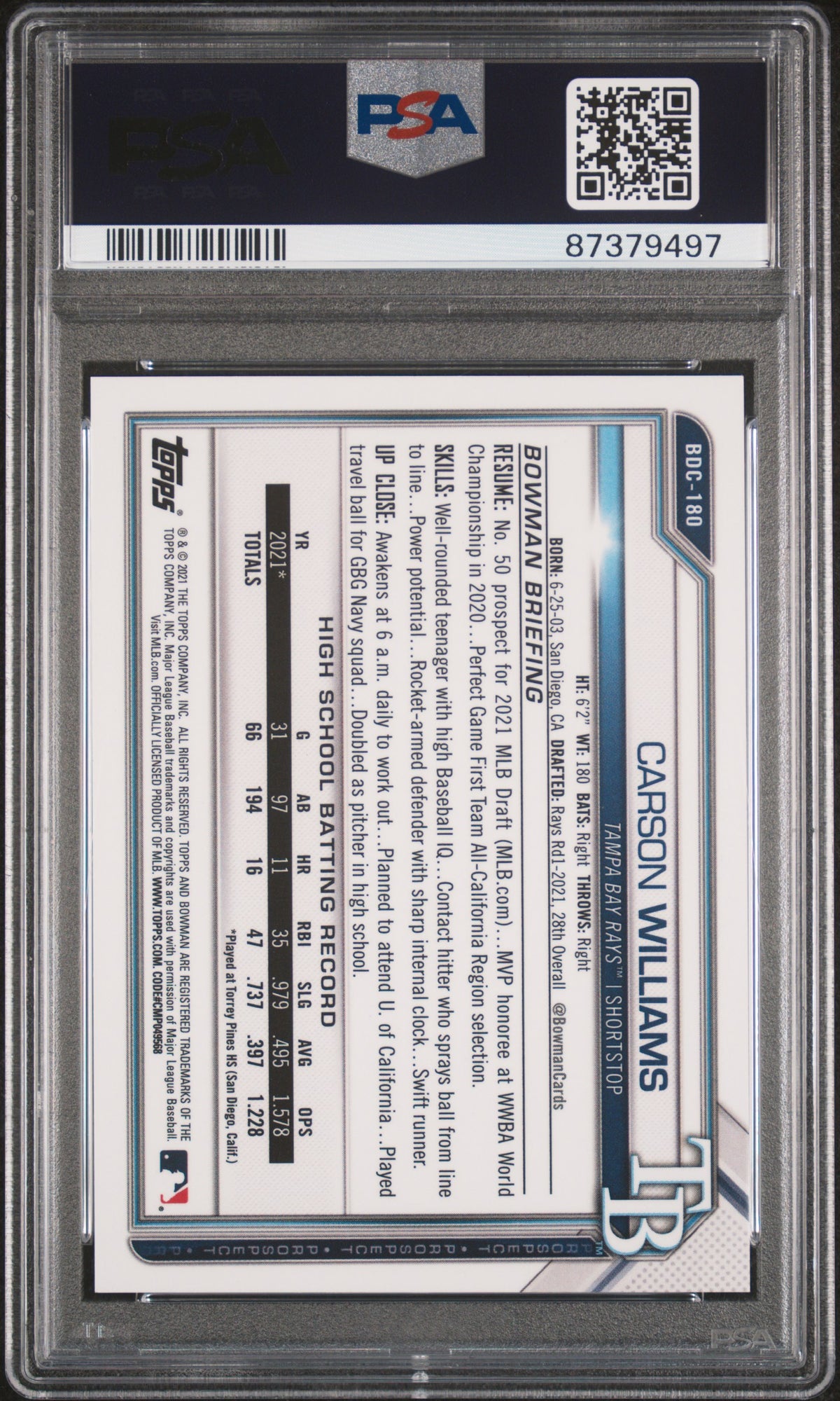Carson Williams 2021 Bowman Draft Chrome Yellow Lava Refractor /75 PSA 10