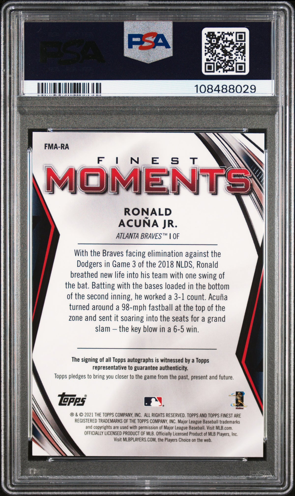 Ronald Acuna JR. 2021 Topps Finest Finest Moments Autographs #FMARA PSA 9